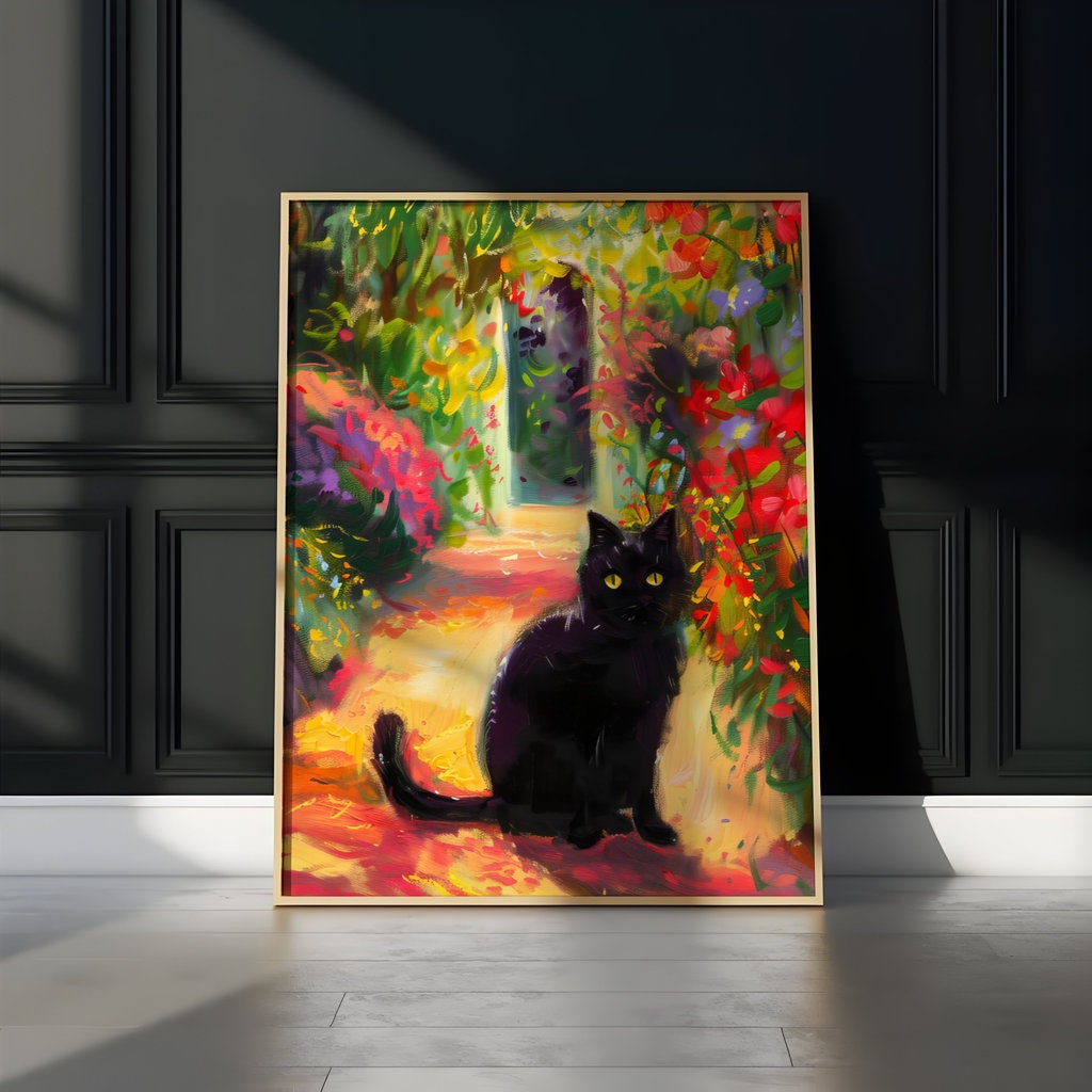 Garden Guardian Black Cat in a Floral Paradise Interactive Wall Art