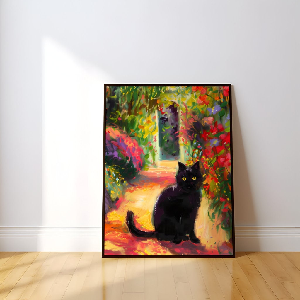 Garden Guardian Black Cat in a Floral Paradise Interactive Wall Art