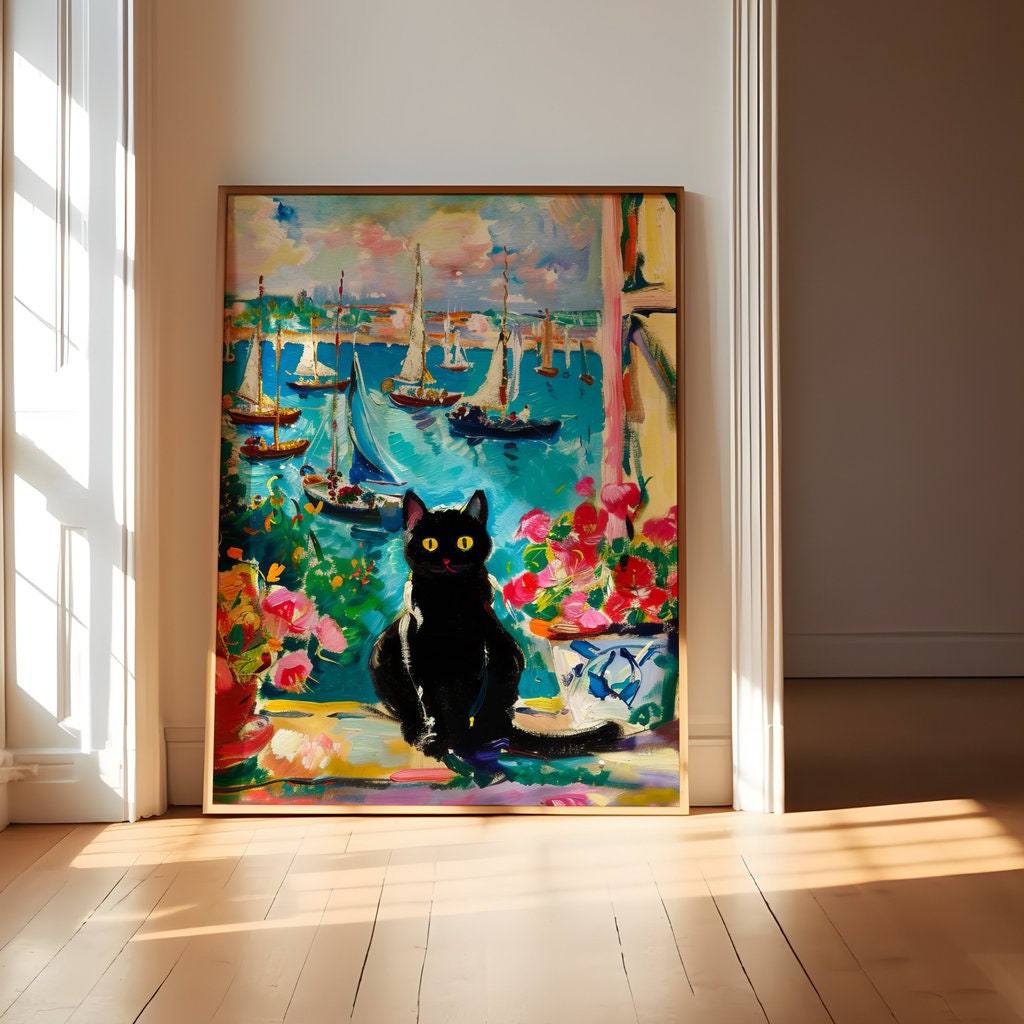 Harbor Dreams: Black Cat at Window Overlooking Sailboats | Impressionist Art Print