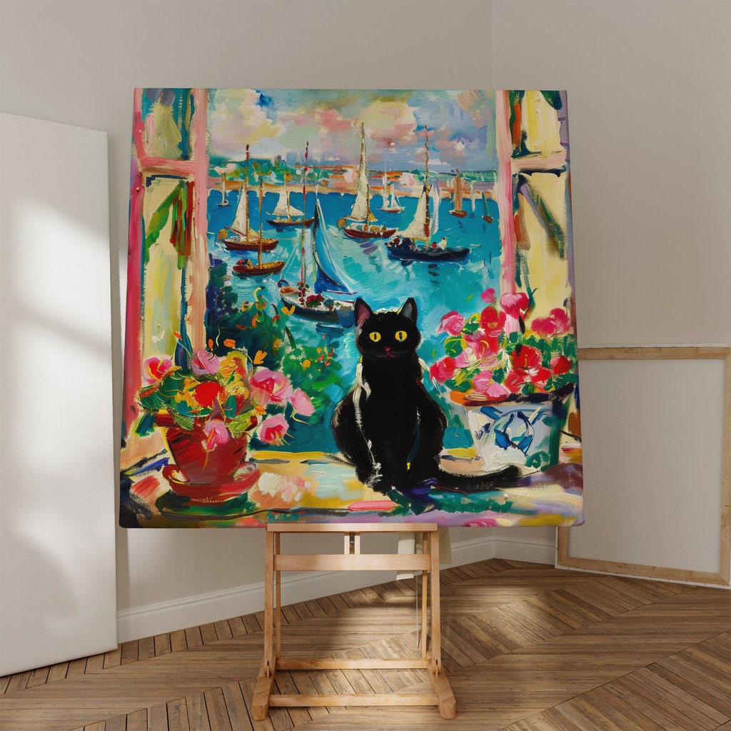 Harbor Dreams: Black Cat on a Window Sill Interactive Wall Art