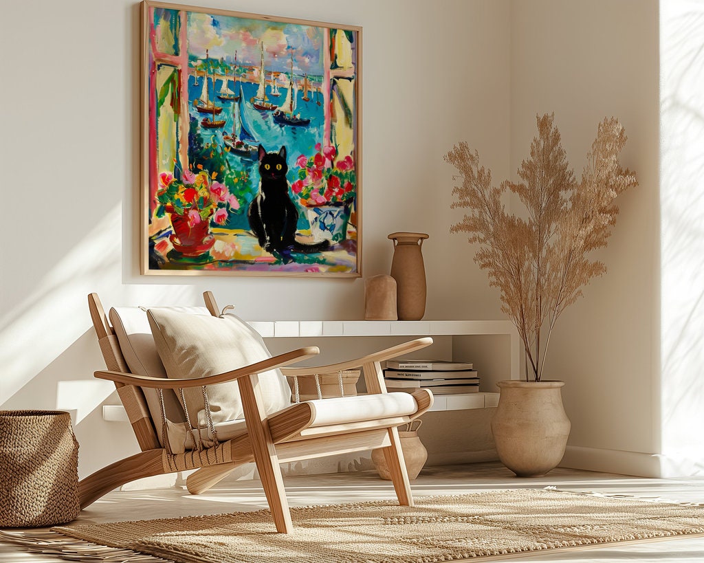 Harbor Dreams: Black Cat on a Window Sill Interactive Wall Art