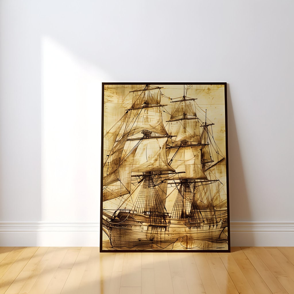 The High Seas: Vintage Sailing Ship Sketch | Sepia Tone & Nautical Parchment Art