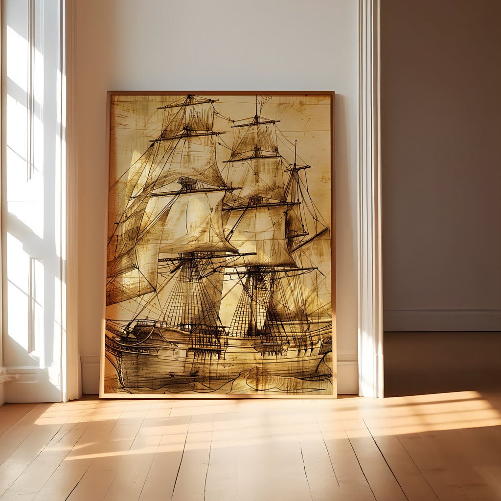 Voyage of Yesteryear Sepia-Toned Sailing Ship Sketch Interactive Wall Art