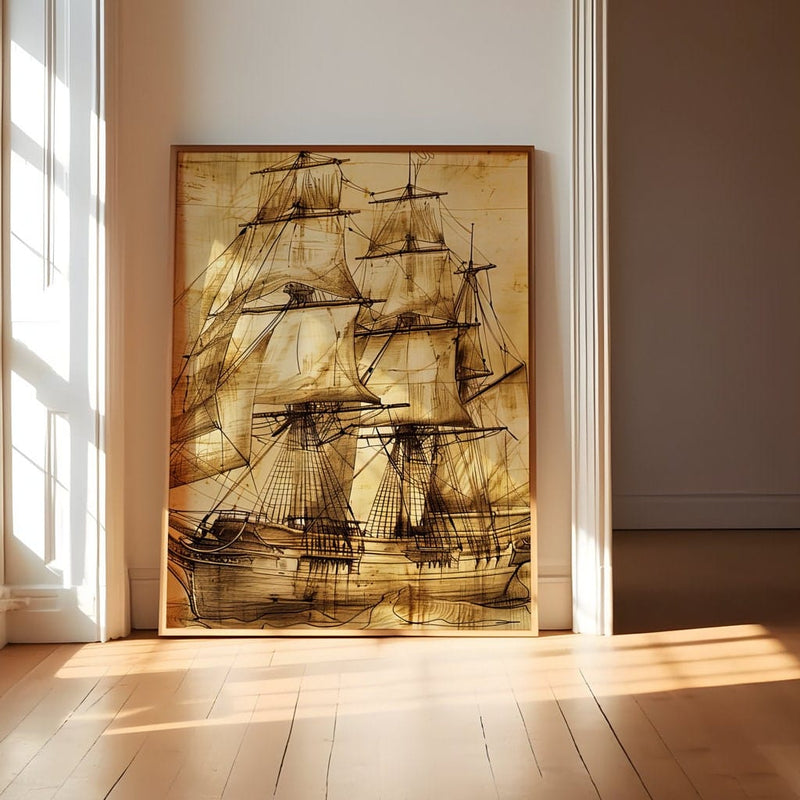 Vintage Sailing Ship Art – Sepia Tone Nautical Wall Decor | Classic Maritime Print