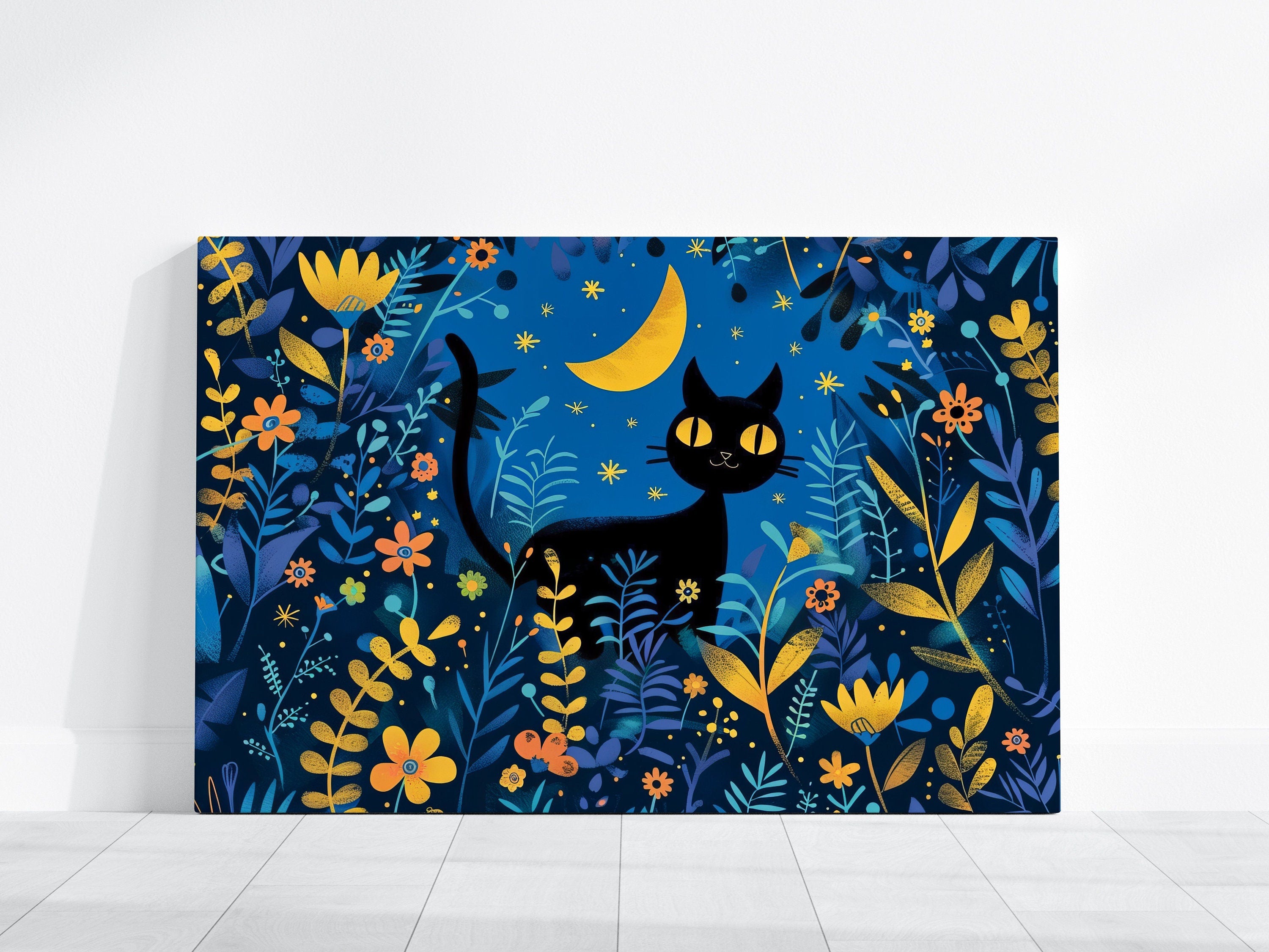 Moonlit Whimsy Black Cat in a Flower Field Interactive Wall Art