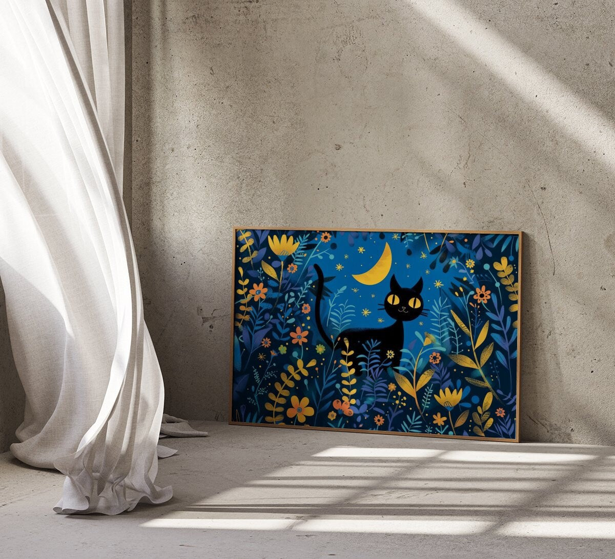 Moonlit Whimsy Black Cat in a Flower Field Interactive Wall Art