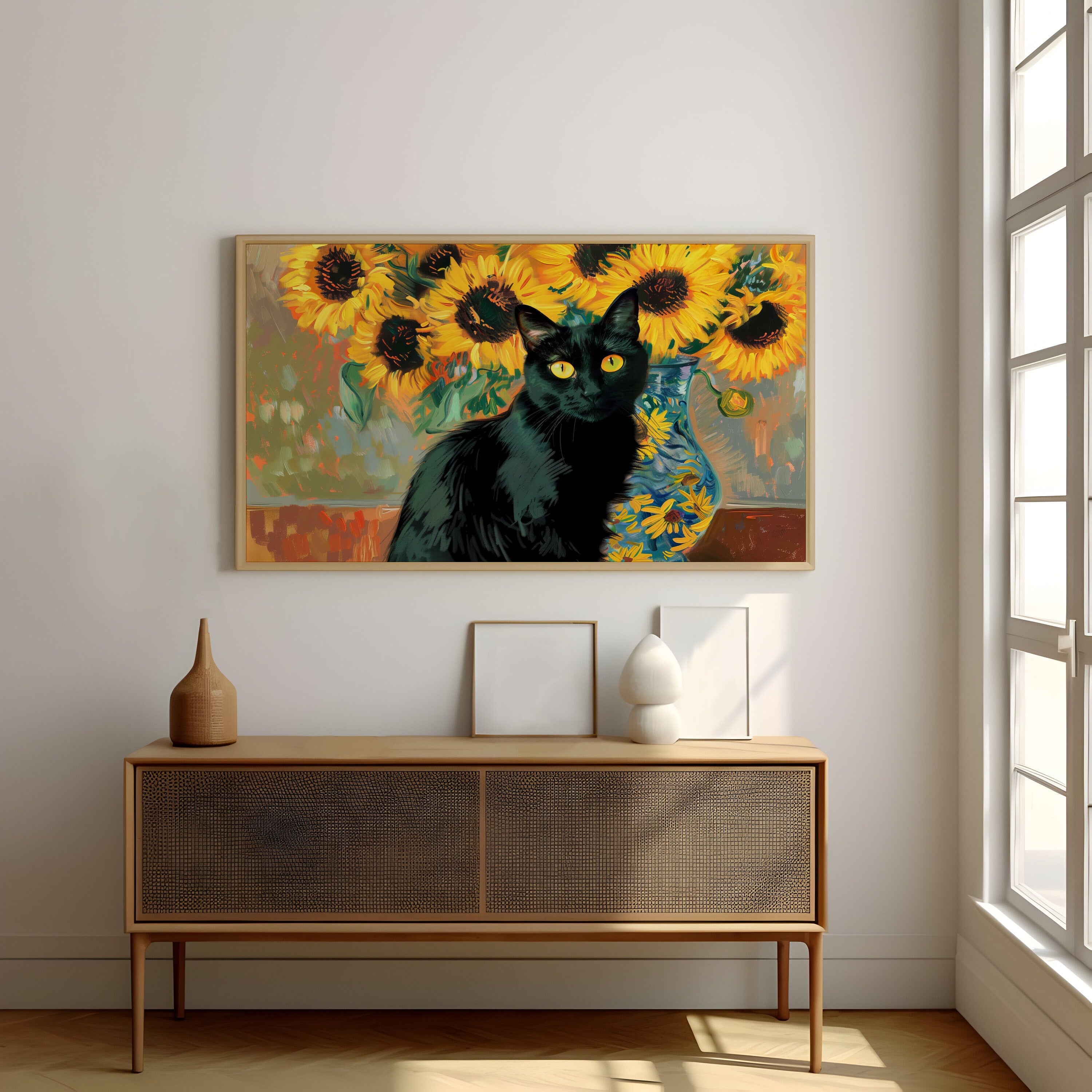 Sunflower Sentinel Black Cat and Blossoms Interactive Wall Art