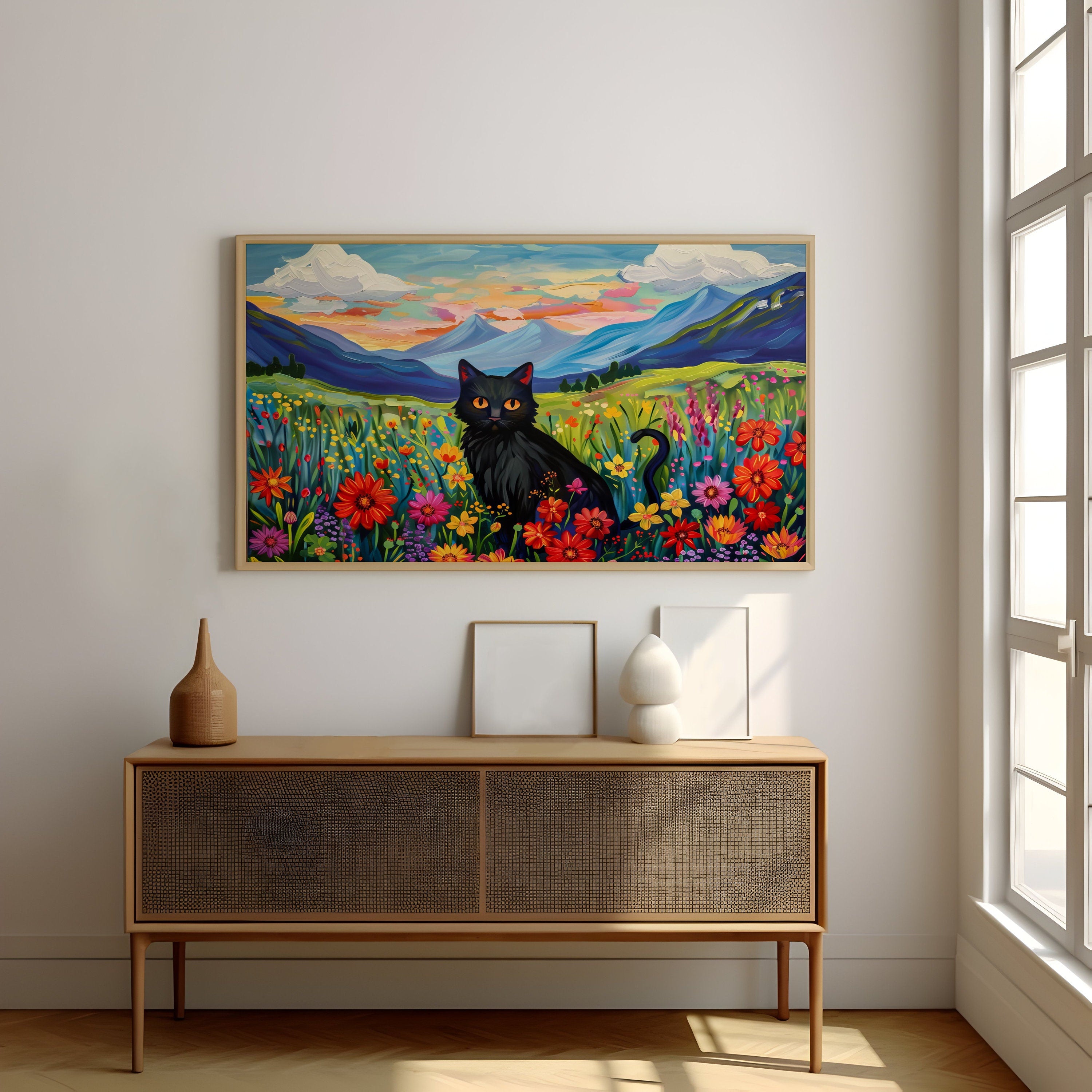 Twilight Bloom Black Cat in a Field of Wildflowers Interactive Wall Art