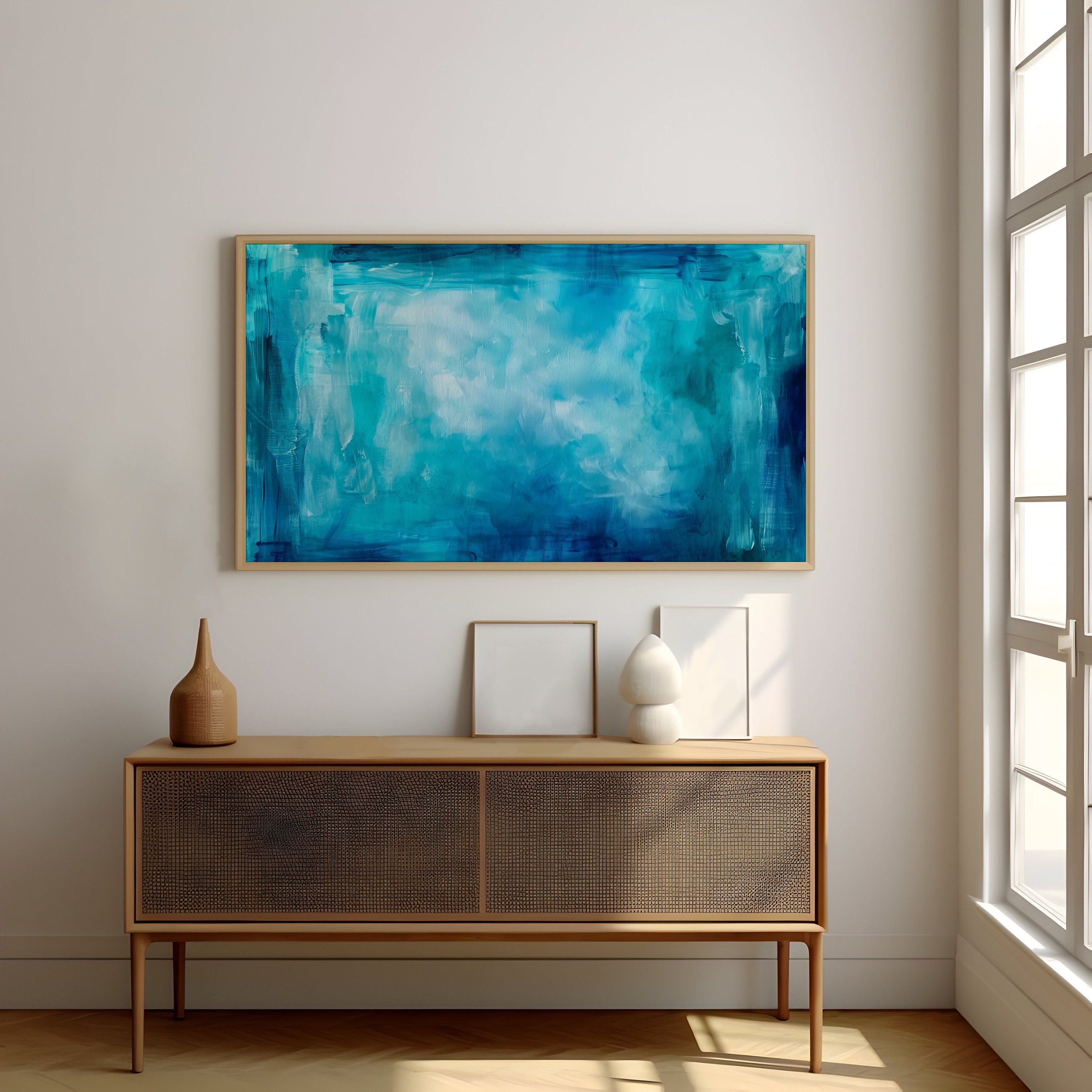 Oceanic Dreamscape: Abstract Blue Wave Art Print | Serene & Modern Framed Wall Decor