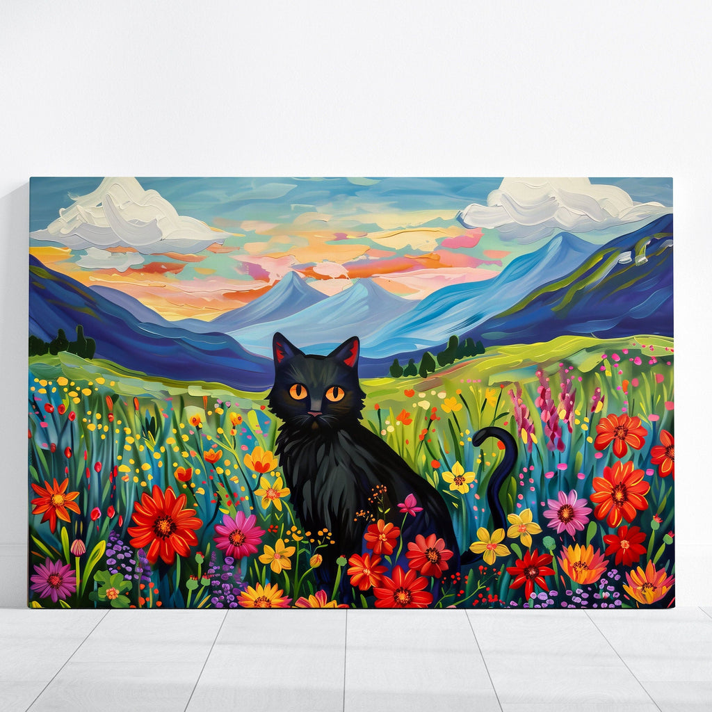 The Sunset Familiar: Black Cat in Wildflower Field at Sunset | Impressionist Mountain Landscape