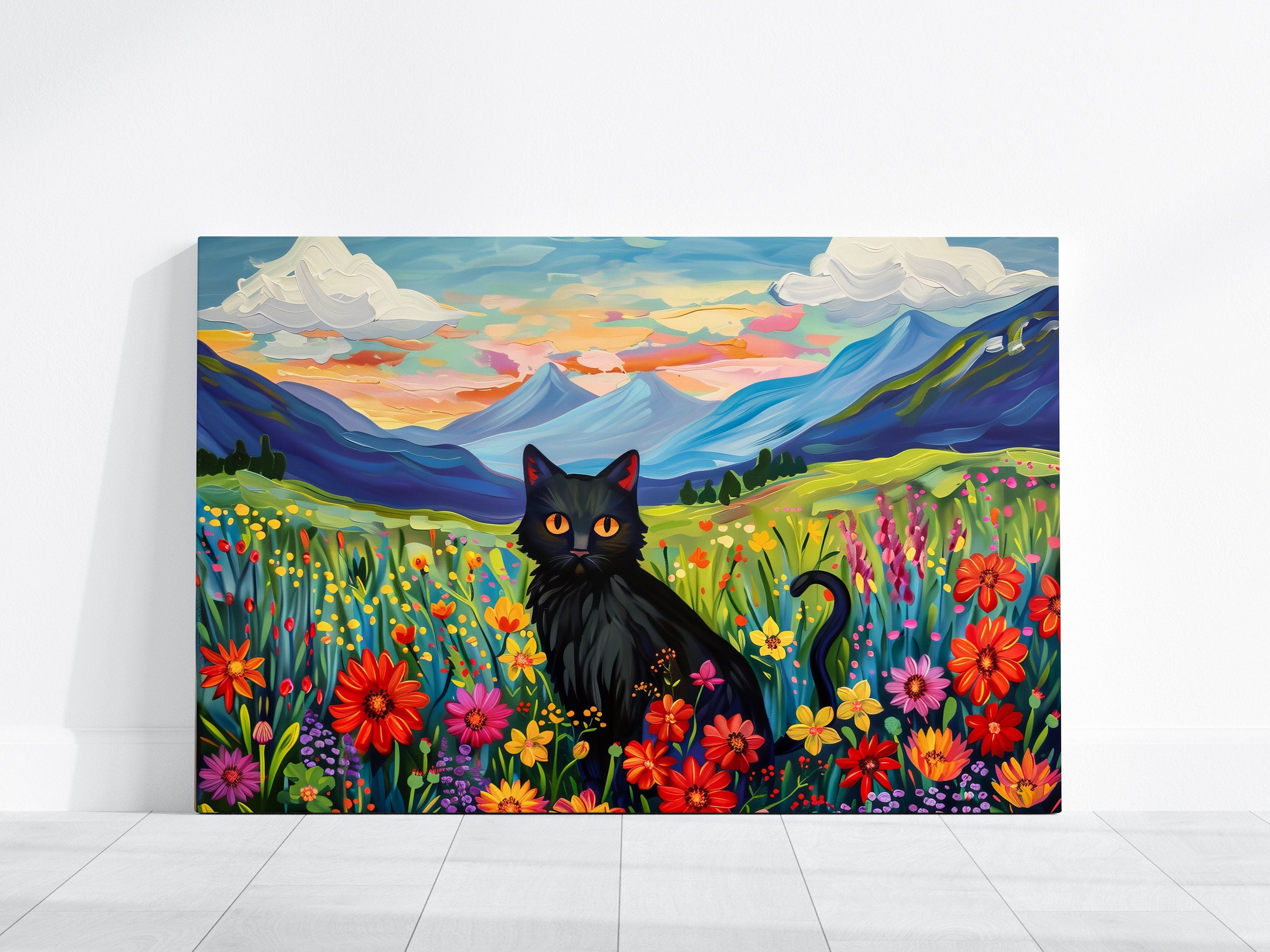 The Sunset Familiar: Black Cat in Wildflower Field at Sunset | Impressionist Mountain Landscape