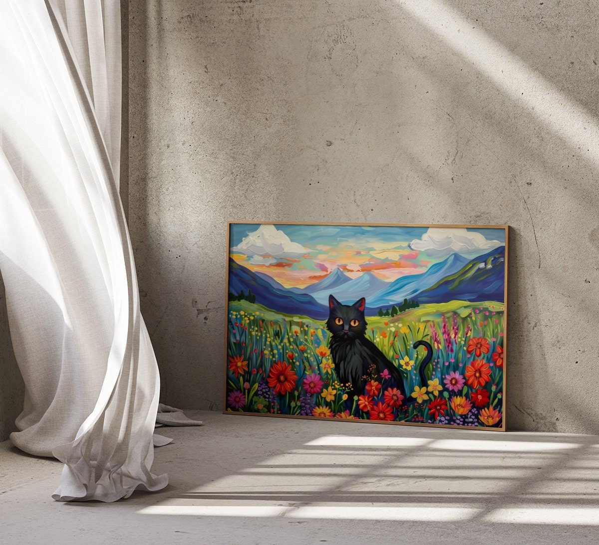 Twilight Bloom Black Cat in a Field of Wildflowers Interactive Wall Art