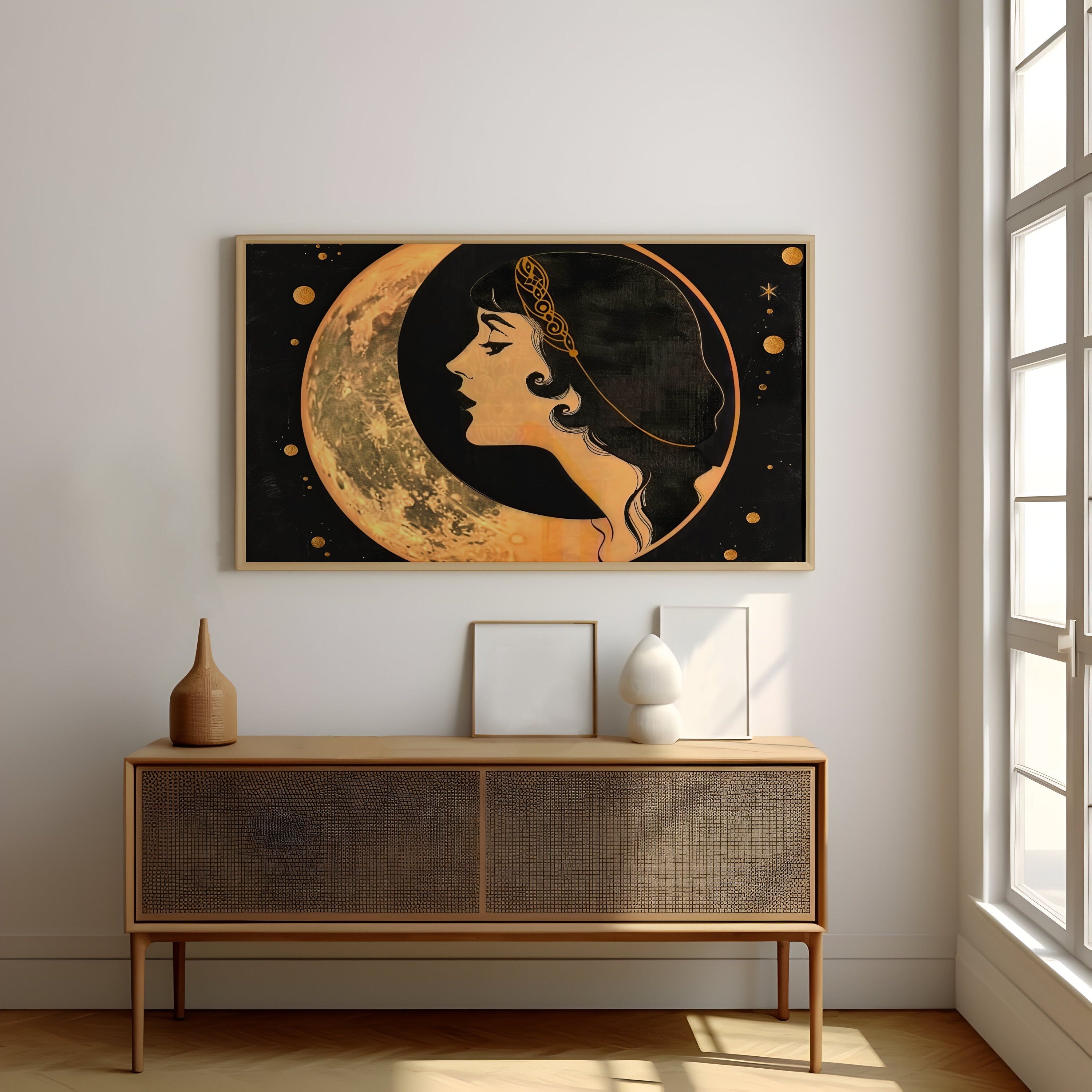 The Starlight Muse: Art Deco Headdress & Moon Art | Elegant & Celestial Wall Decor