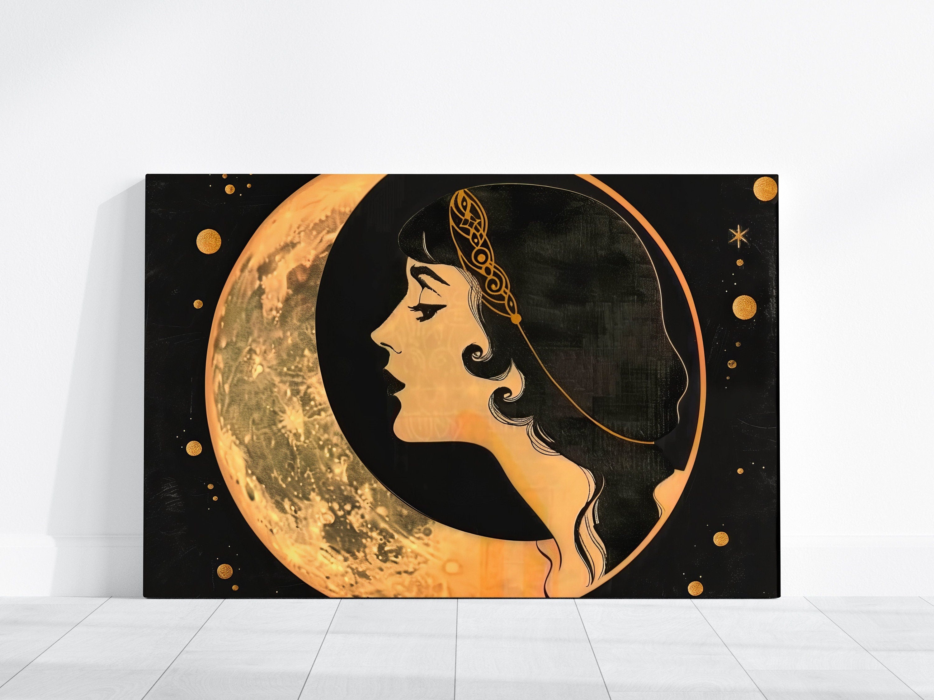 The Starlight Muse: Art Deco Headdress & Moon Art | Elegant & Celestial Wall Decor