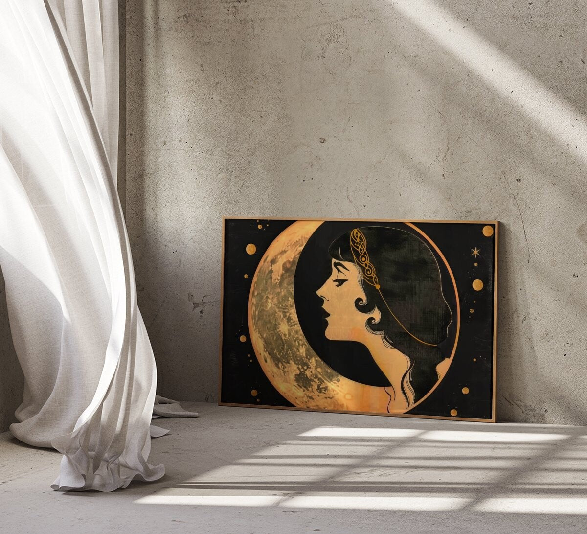 The Starlight Muse: Art Deco Headdress & Moon Art | Elegant & Celestial Wall Decor