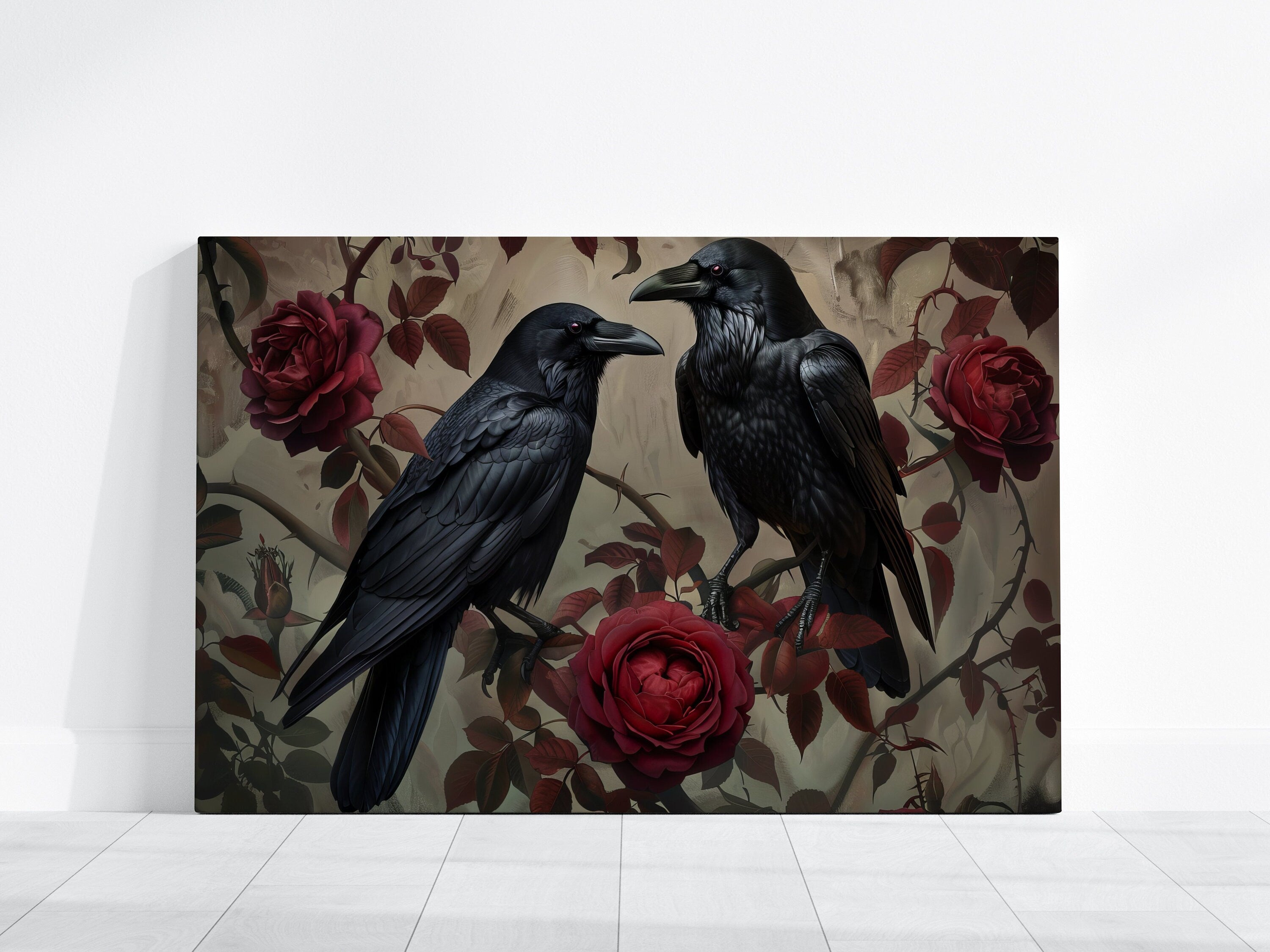 Ravens in Bloom: Dark & Moody Red Rose and Raven Art | Gothic & Elegant Wall Decor