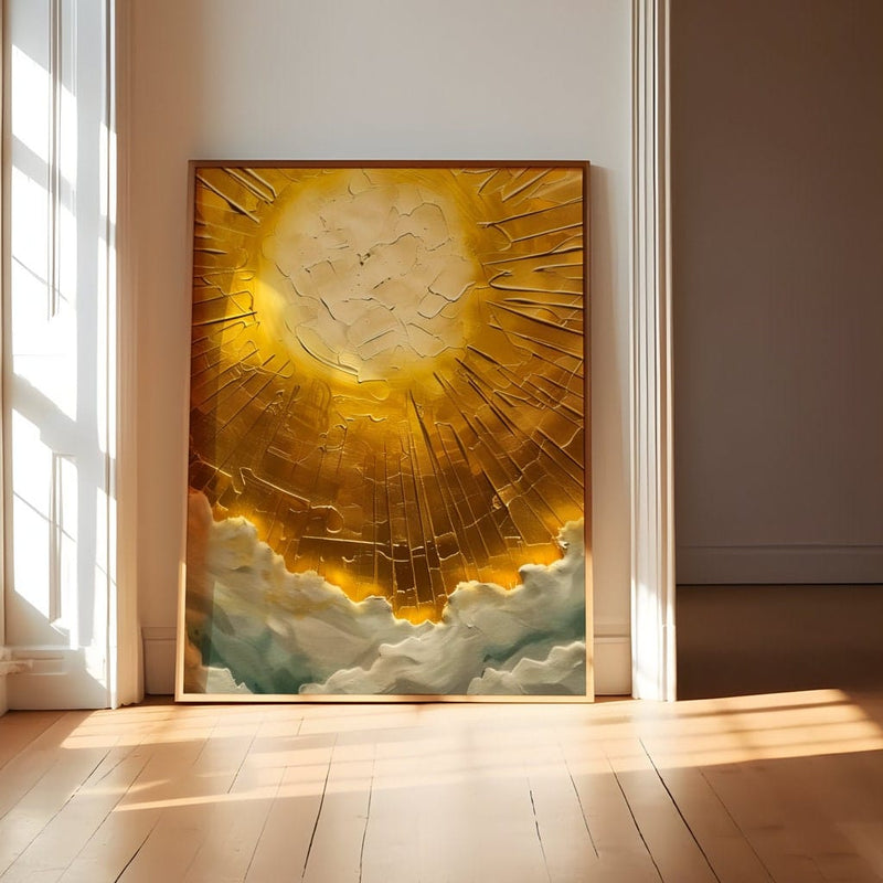 Stained Glass Ceiling Art – Celestial Wall Decor with Golden Sun & Clouds | Spiritual, Luminous Design