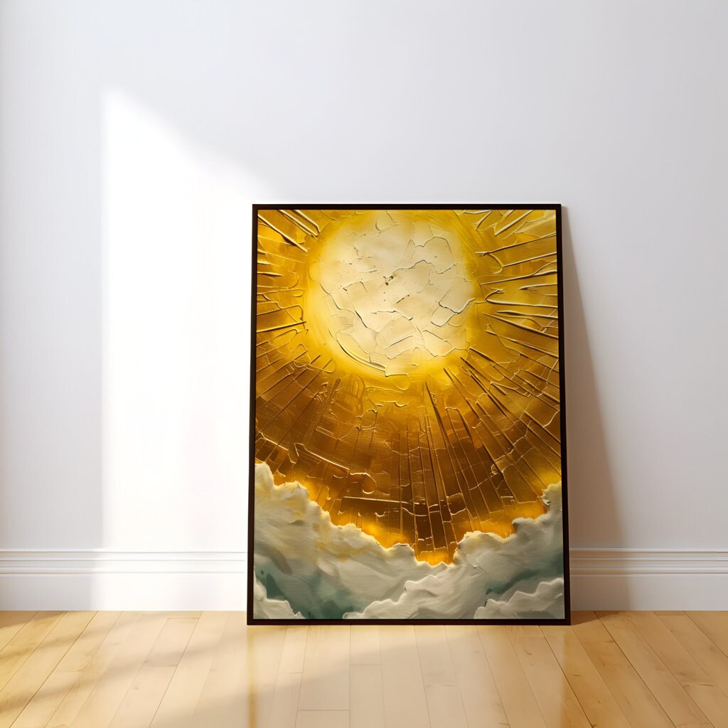 Celestial Radiance: Stained Glass Sun & Clouds Ceiling Art | Golden, Luminous & Spiritual Decor
