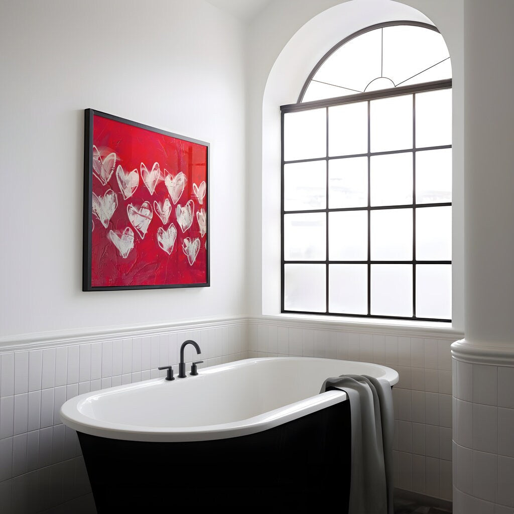 Hearts Ablaze: Expressive White Hearts on Red | Modern, Romantic & Passionate Wall Art