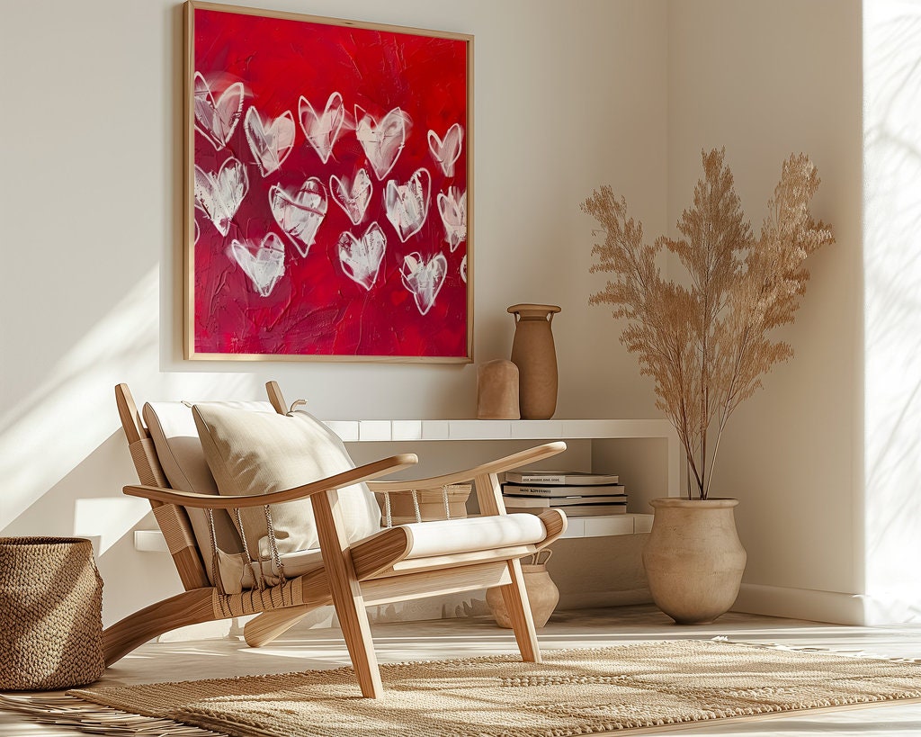 Hearts Ablaze: Expressive White Hearts on Red | Modern, Romantic & Passionate Wall Art