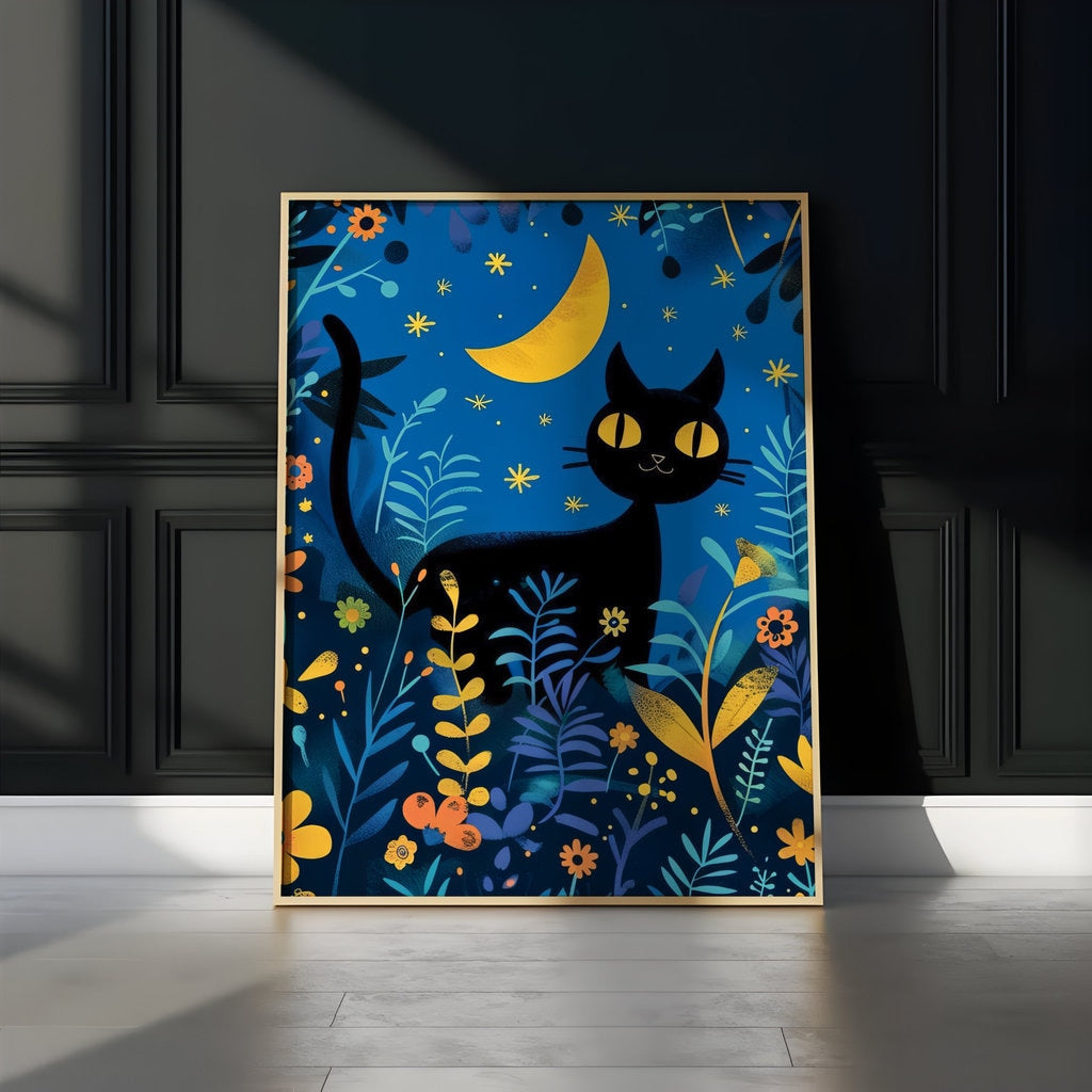 The Midnight Gardener: Whimsical Black Cat in Moonlit Flower Field | Folk Art Style Wall Decor