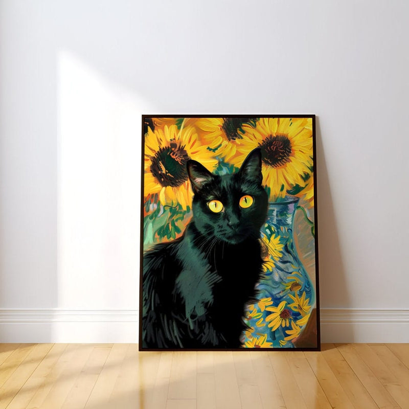 Black Cat Wall Art – Vibrant Impressionist Oil Painting with Yellow Eyes & Sunflowers