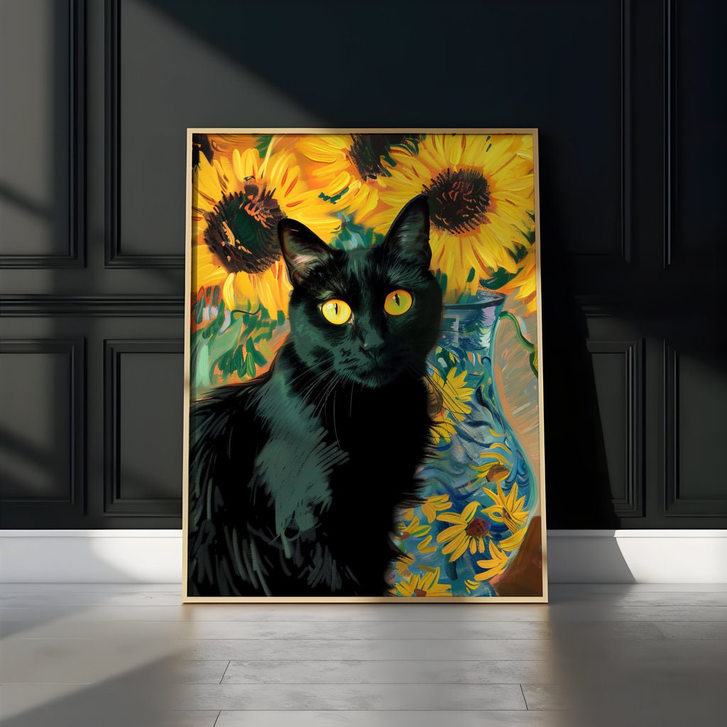 Sunflower Sentinel Black Cat and Blossoms Interactive Wall Art