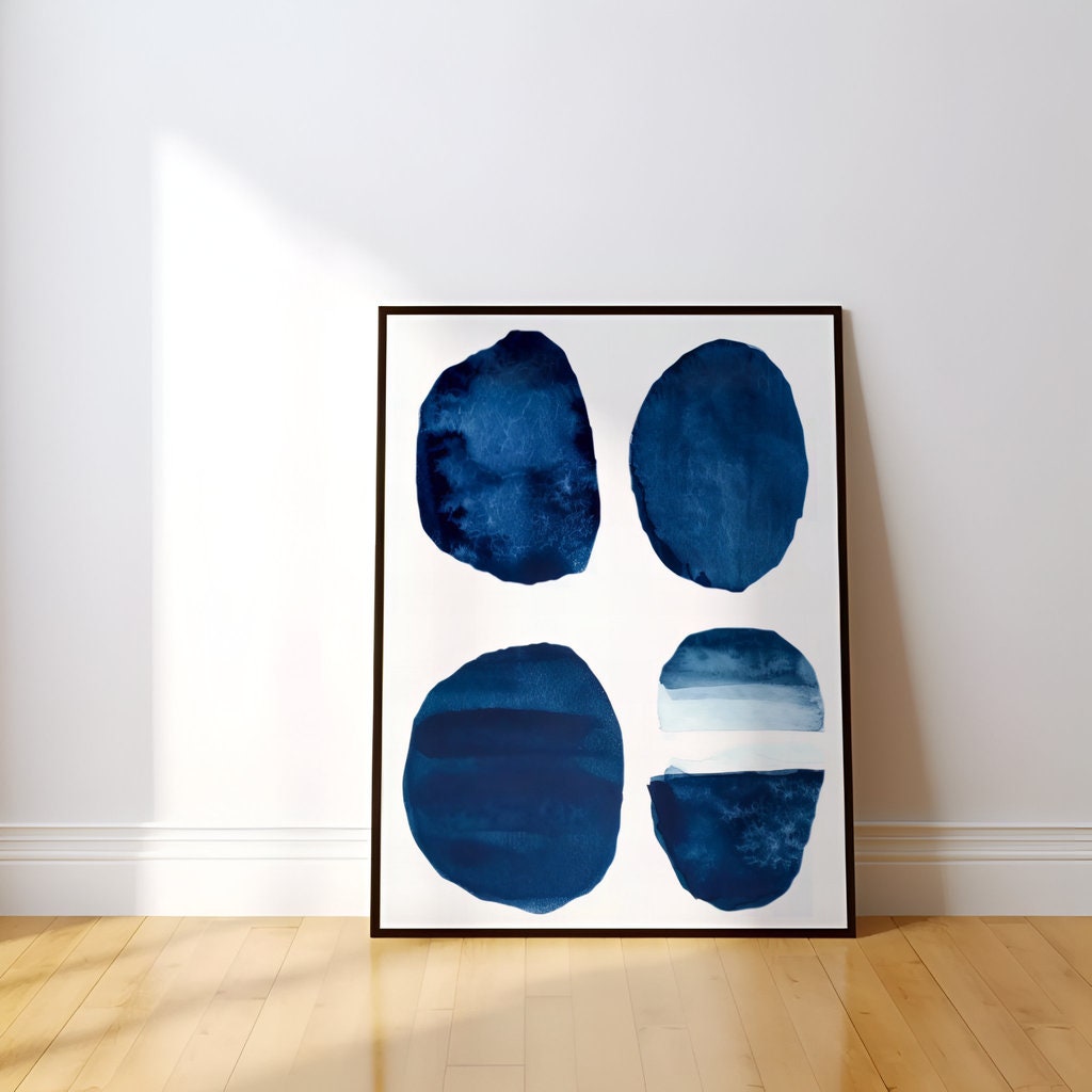 Indigo Harmony: Seven Circles Minimalist Watercolor | Modern & Serene Blue Abstract Art