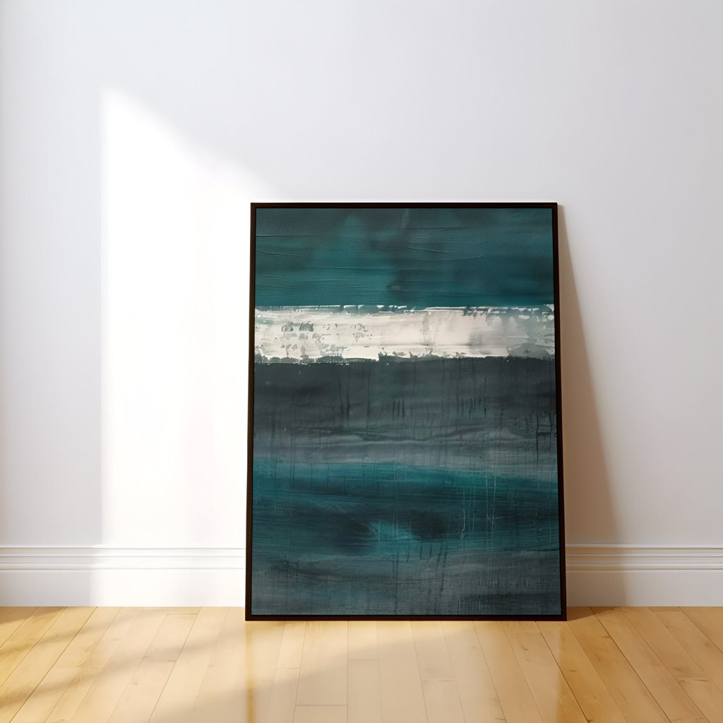 Divided Harmony Abstract Composition in Teal and Gray Interactive Wall Art