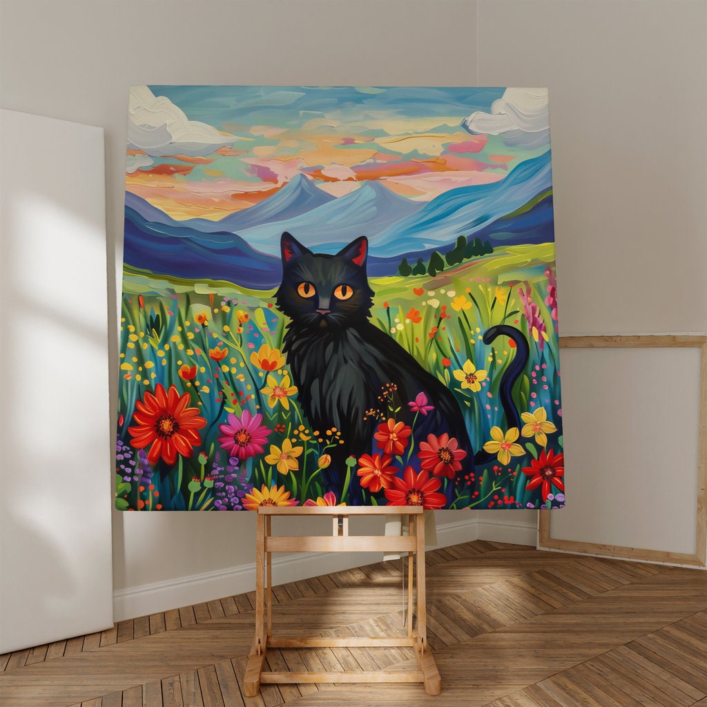 Twilight Bloom Black Cat in a Field of Wildflowers Interactive Wall Art