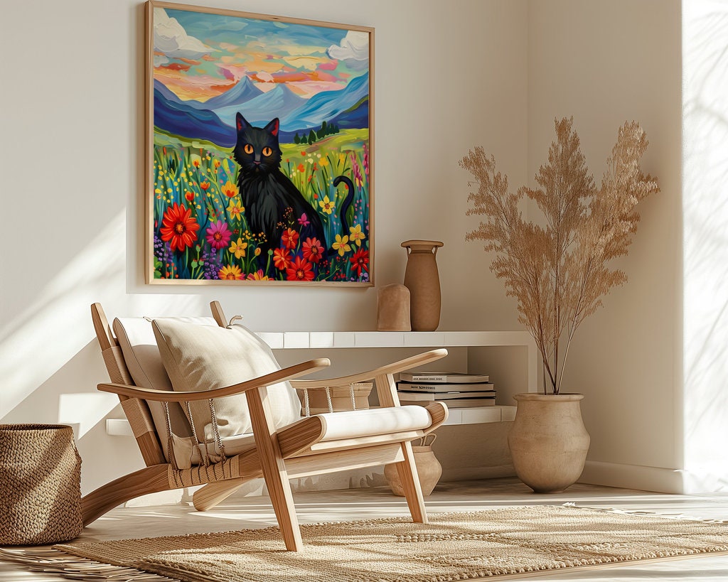 Twilight Bloom Black Cat in a Field of Wildflowers Interactive Wall Art