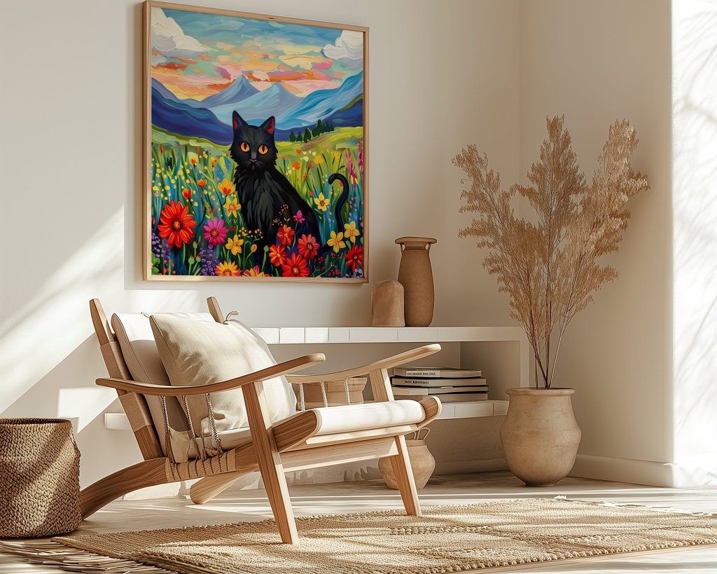 The Sunset Familiar: Black Cat in Wildflower Field at Sunset | Impressionist Mountain Landscape