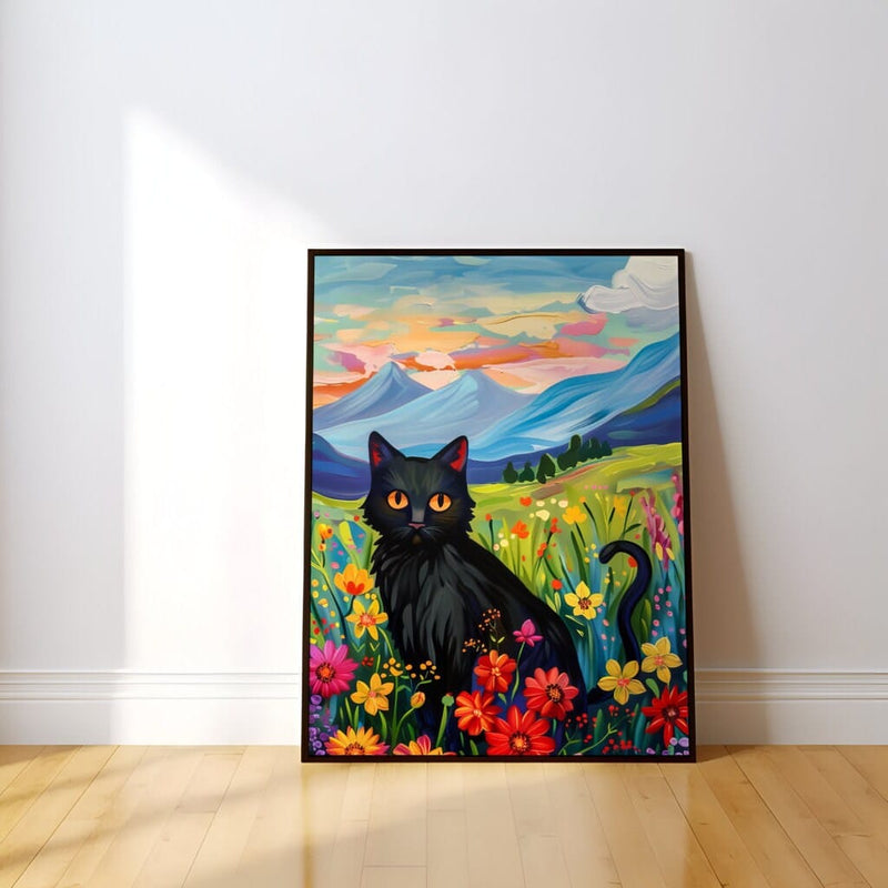 Black Cat Wall Art – Impressionist Sunset Painting with Mountain Landscape and Wildflower Field