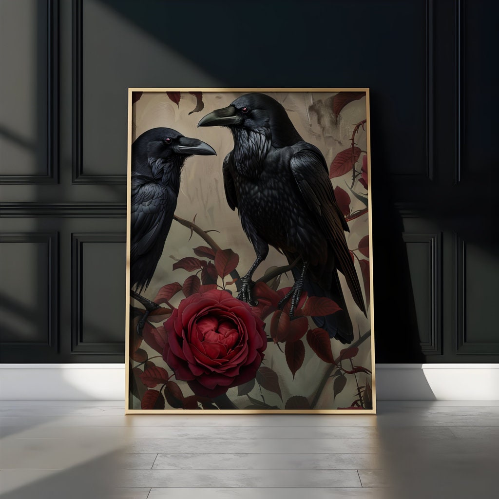 Ravens in Bloom: Dark & Moody Red Rose and Raven Art | Gothic & Elegant Wall Decor