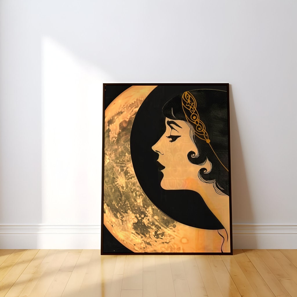 The Starlight Muse: Art Deco Headdress & Moon Art | Elegant & Celestial Wall Decor