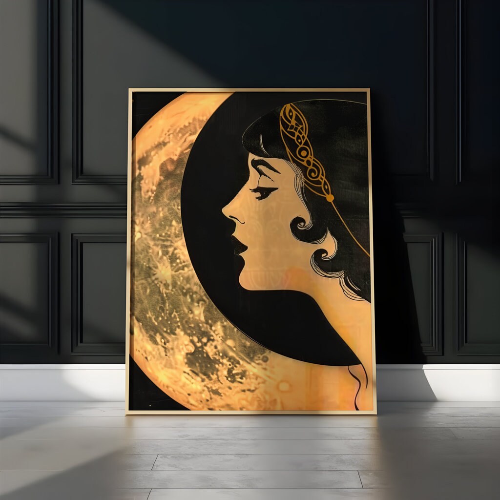 The Starlight Muse: Art Deco Headdress & Moon Art | Elegant & Celestial Wall Decor