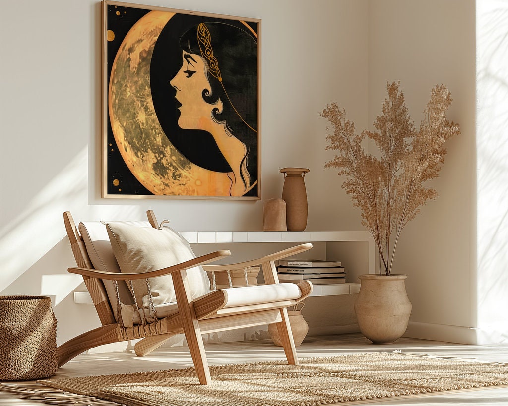 The Starlight Muse: Art Deco Headdress & Moon Art | Elegant & Celestial Wall Decor