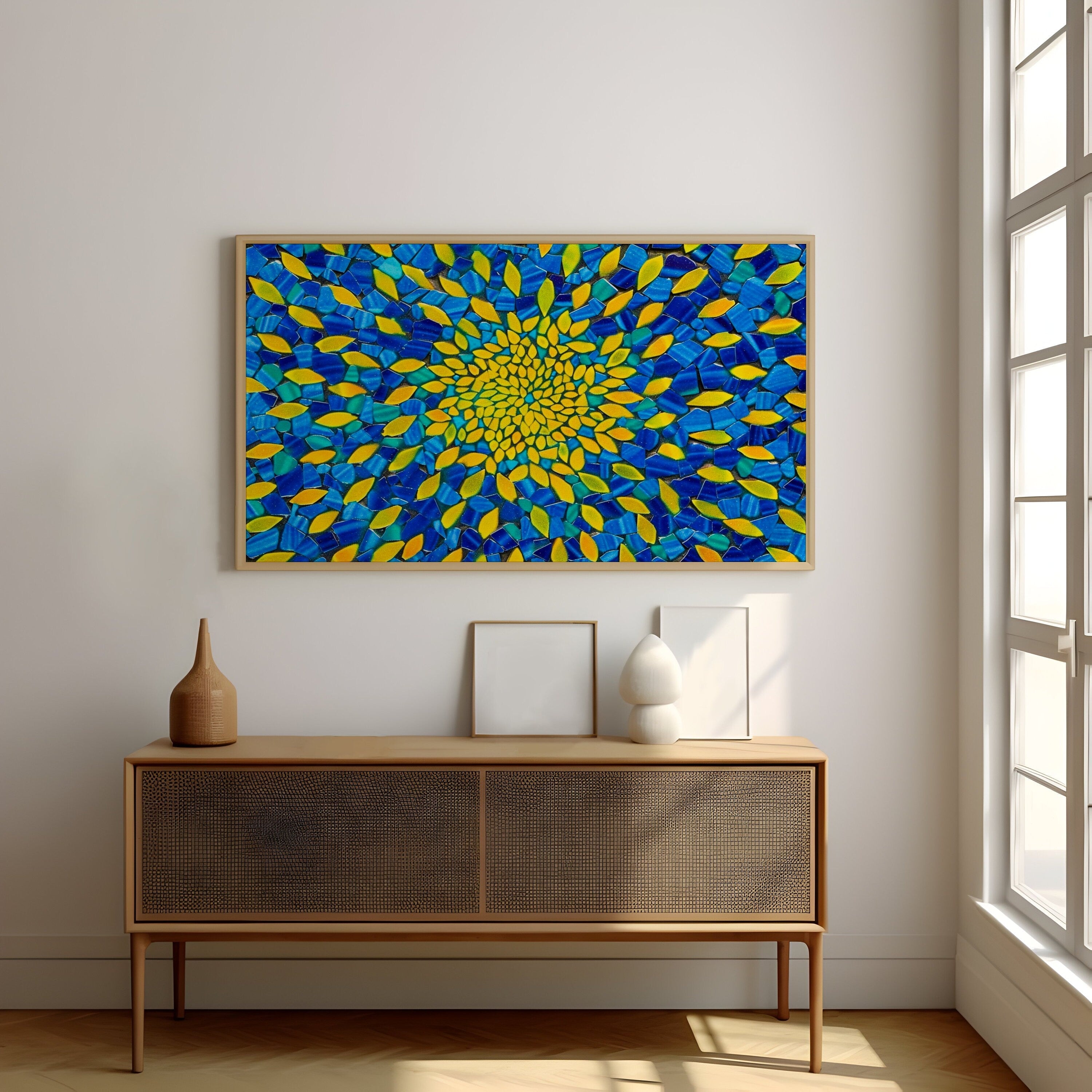 The Golden Vortex: Vibrant Blue & Yellow Abstract Mosaic | Radiant & Energetic Wall Art