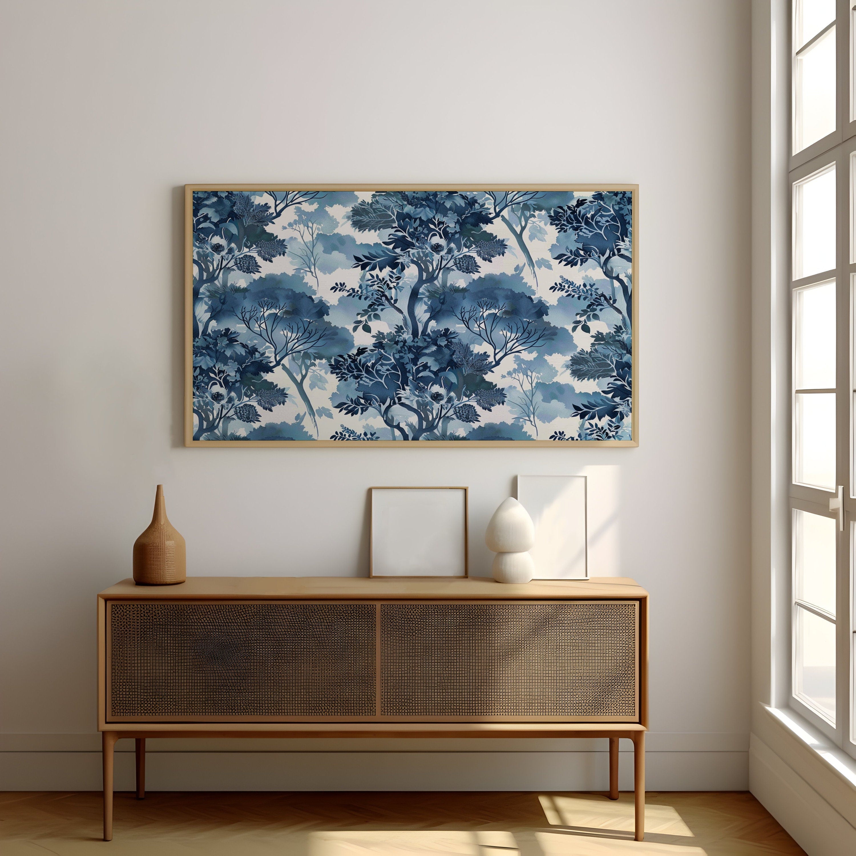 Ethereal Blue: Serene Watercolor Tree & Leaf Pattern | Tranquil & Elegant Wall Decor