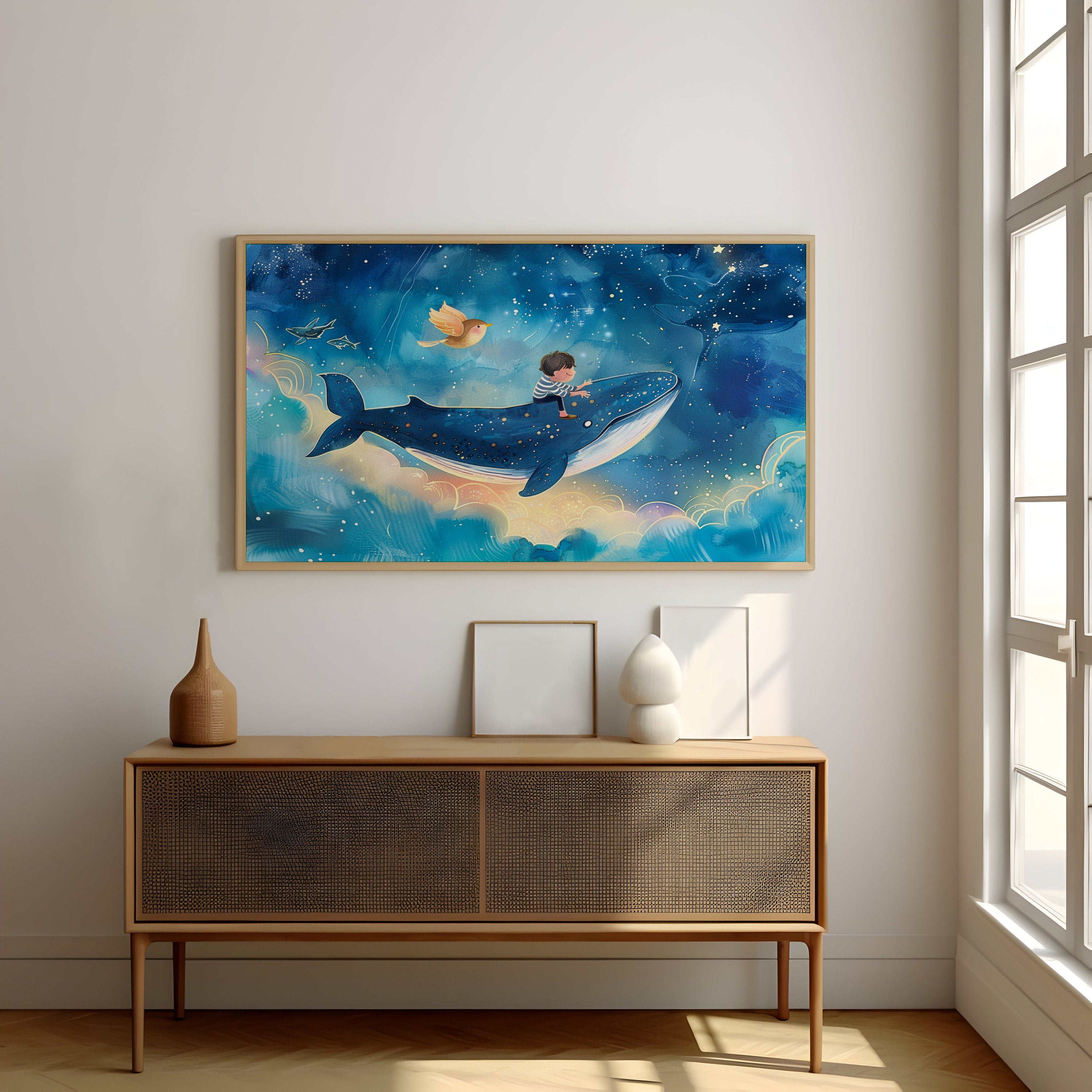 Whimsical Journey Boy Riding a Flying Whale in the Night Sky