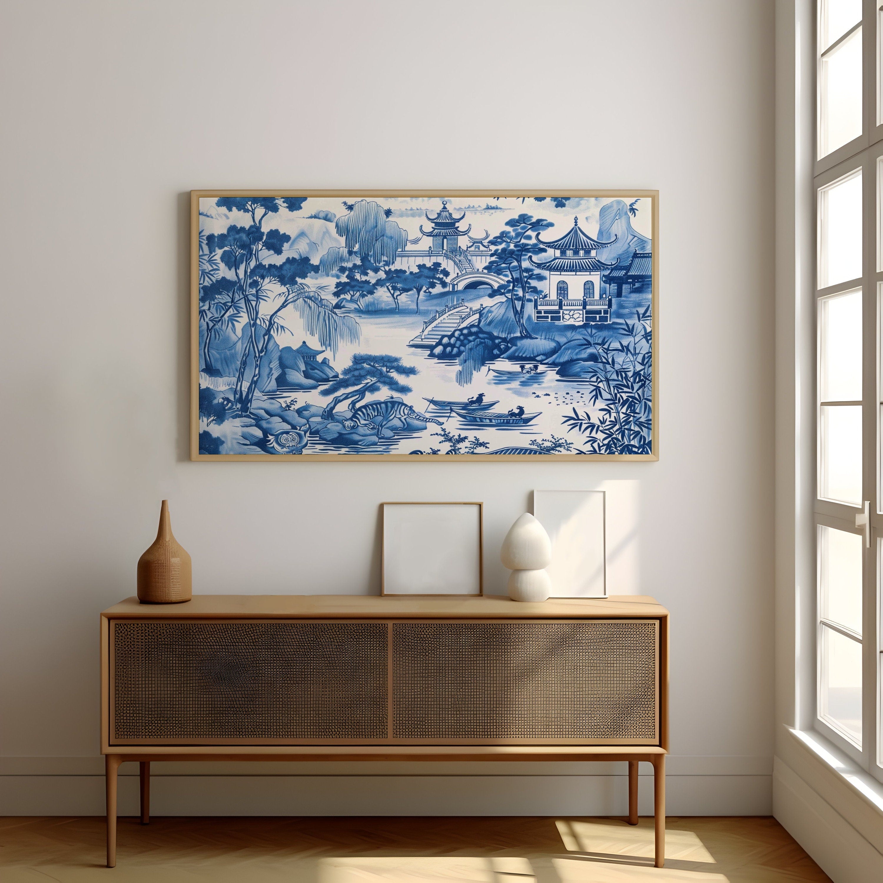 Porcelain Serenity Blue and White Chinese Landscape with Traditional Houses Interactive Wall Art