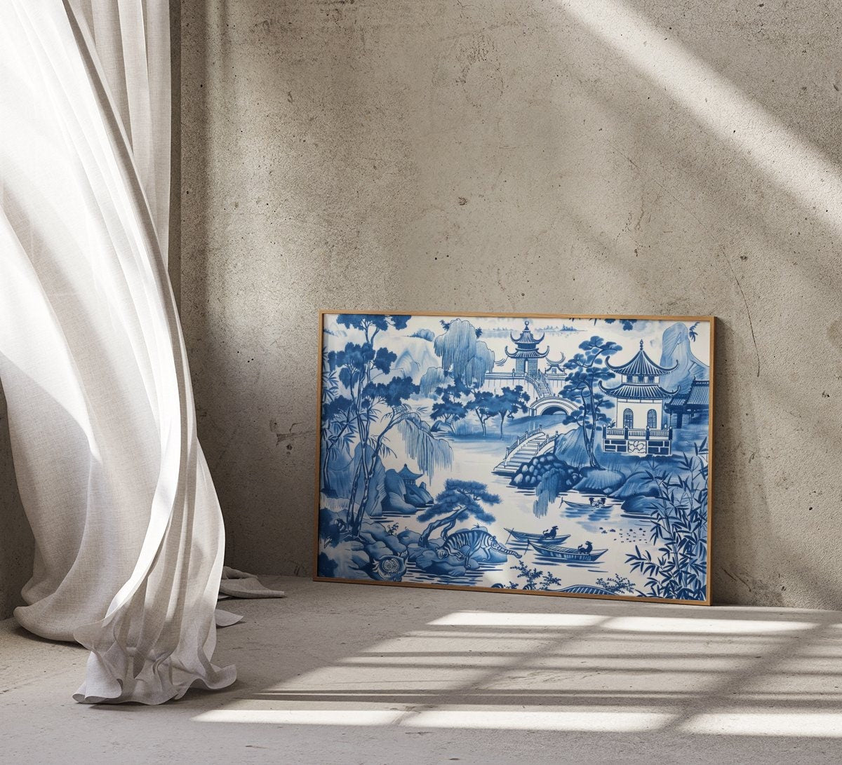 Porcelain Serenity Blue and White Chinese Landscape with Traditional Houses Interactive Wall Art