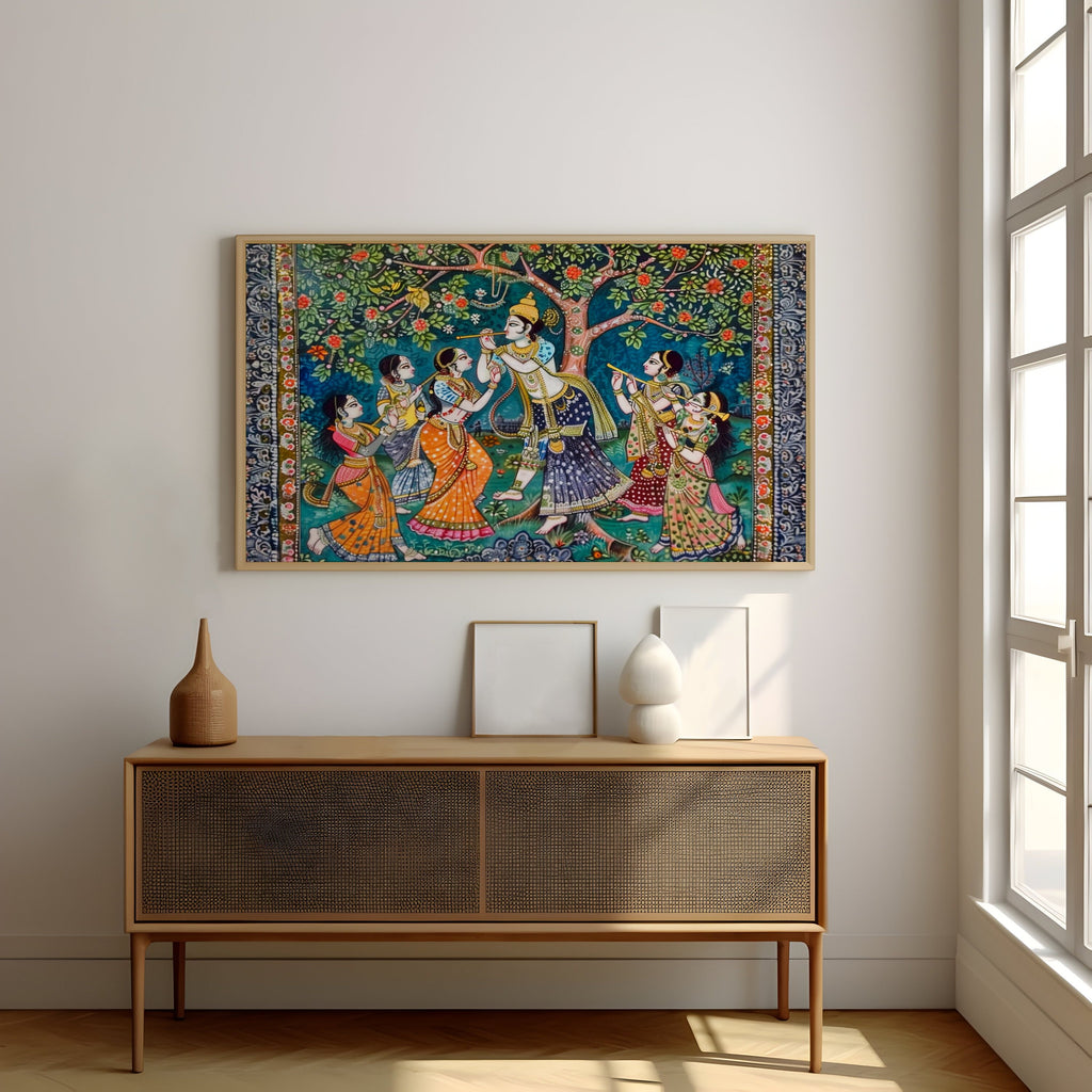 Divine Melody Krishna Playing Flute Under Mango Tree Interactive Wall Art