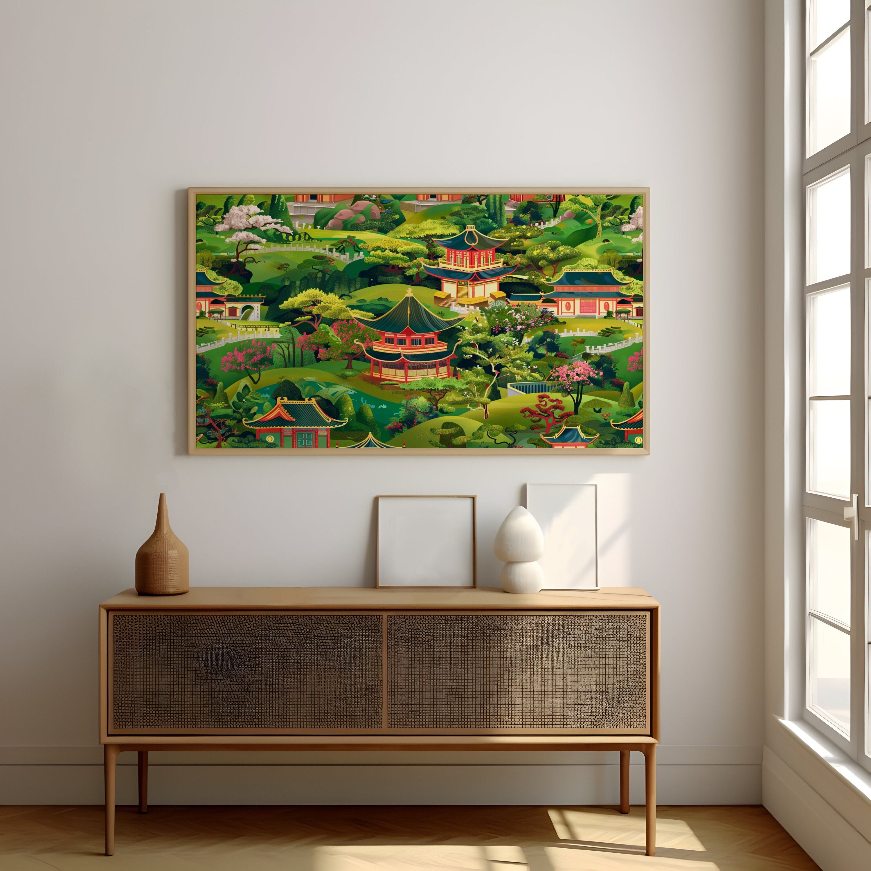 Enchanted Garden: Whimsical Chinese Pagoda & Cherry Blossom Art | Playful & Serene Landscape Decor