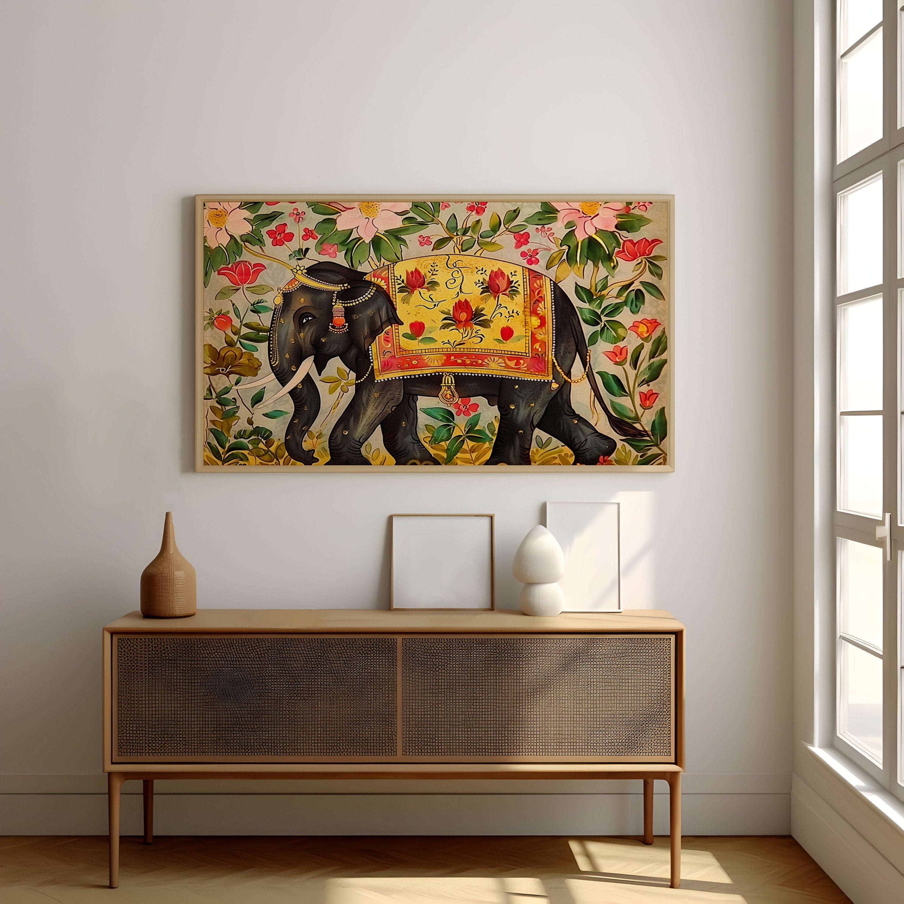 Regal Elephant Splendor Majestic Indian Elephant Adorned with Ornate Lush Floral Interactive Wall Art