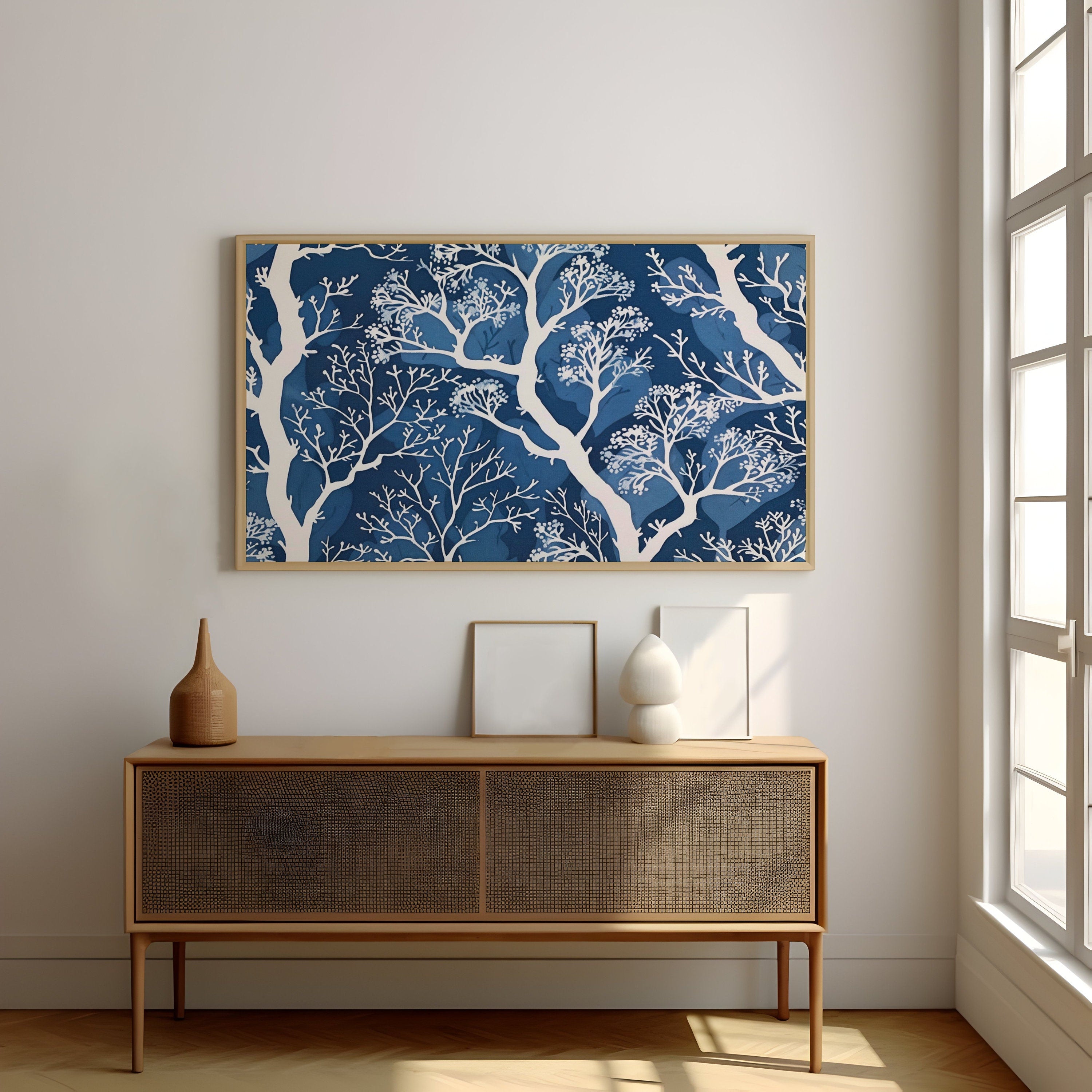 Delicate Trees White Stylized Trees on Blue Background in Batik Style Interactive Wall Art