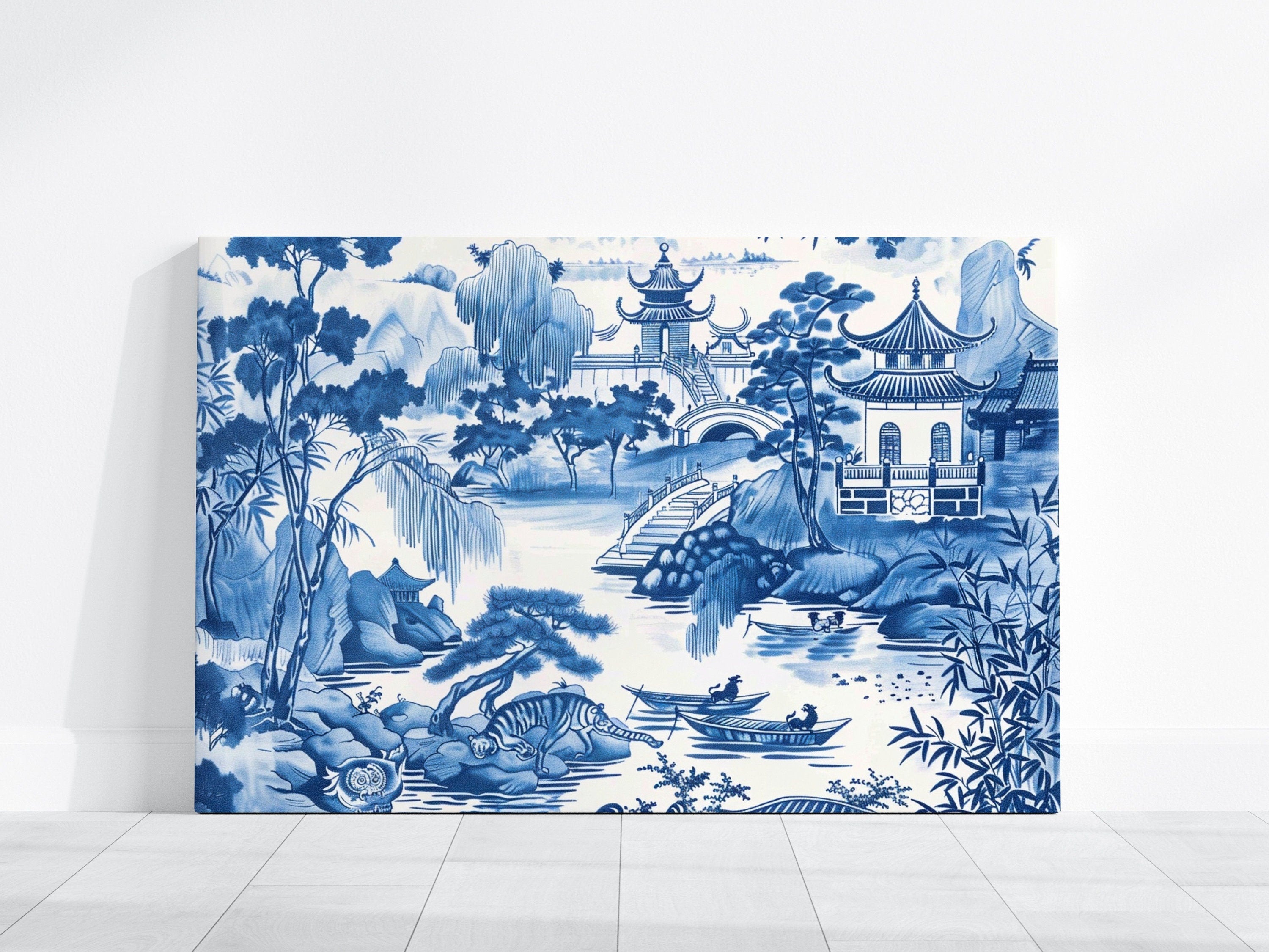 Porcelain Serenity Blue and White Chinese Landscape with Traditional Houses Interactive Wall Art