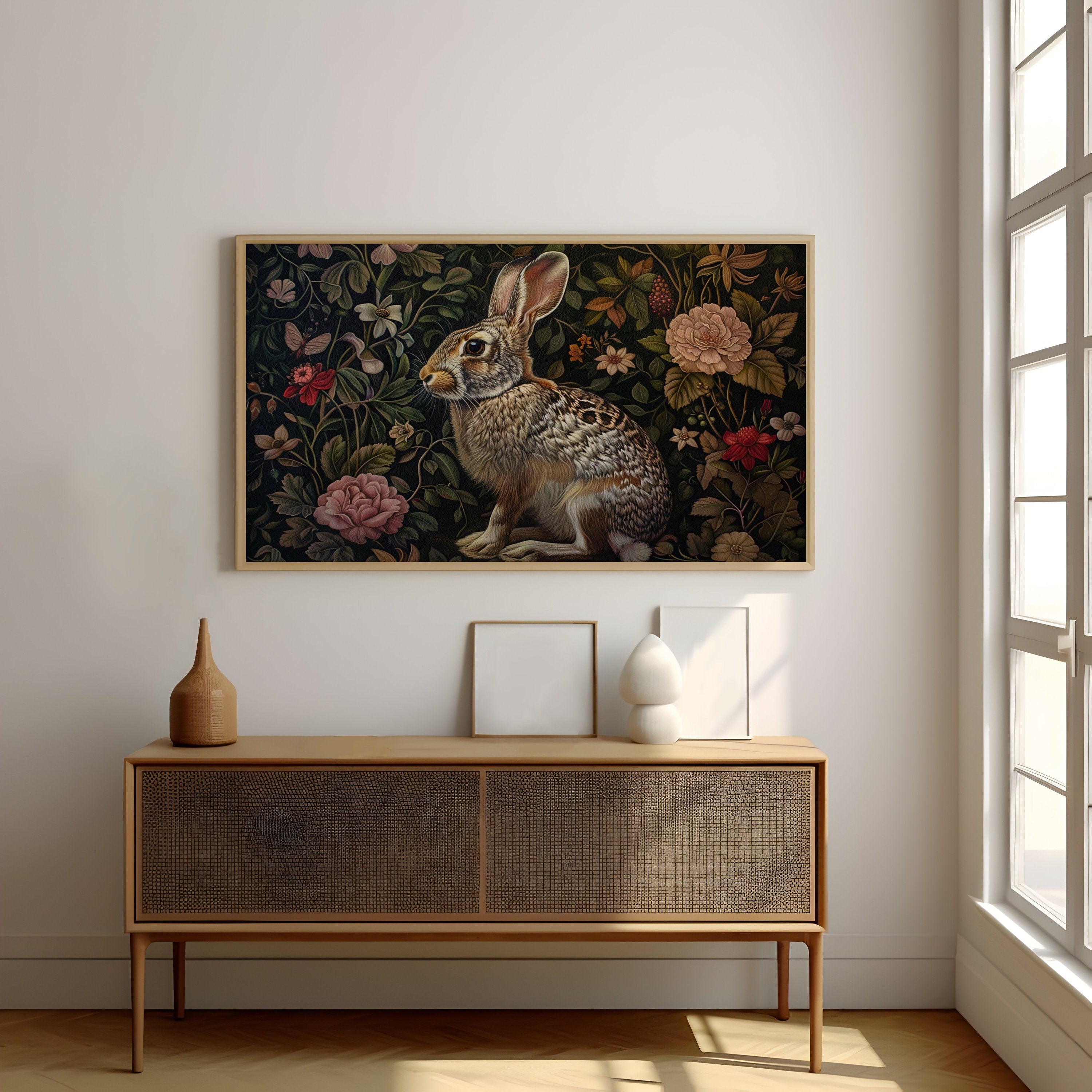 The Garden Guardian: Whimsical Jackrabbit in a Lush Floral Haven | Dark Botanical Art