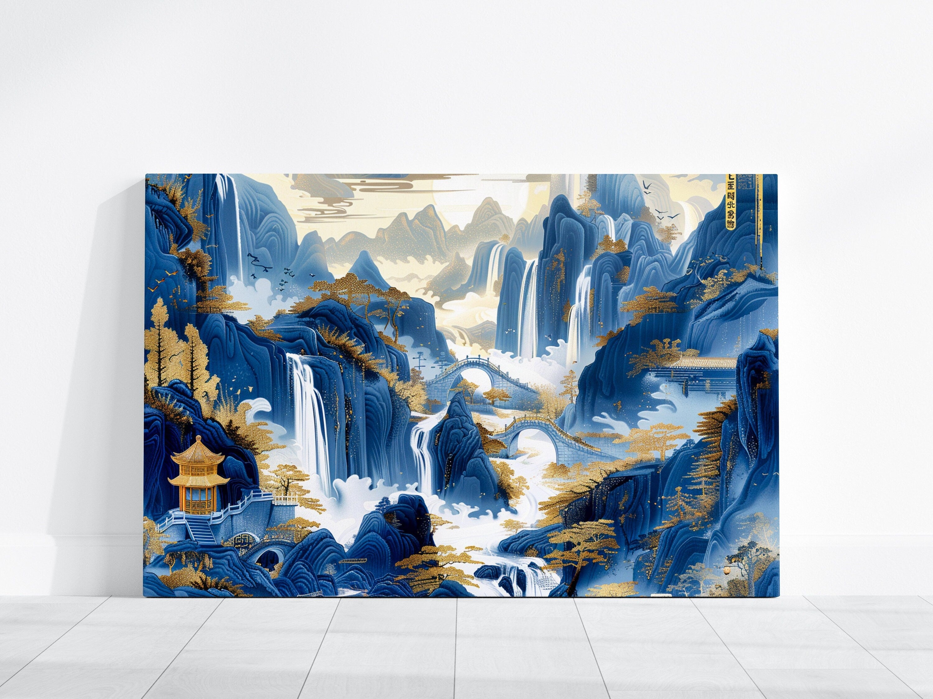 Golden Serenity: Chinese Mountain Landscape with Waterfalls | Traditional Blue & Gold Ink Painting