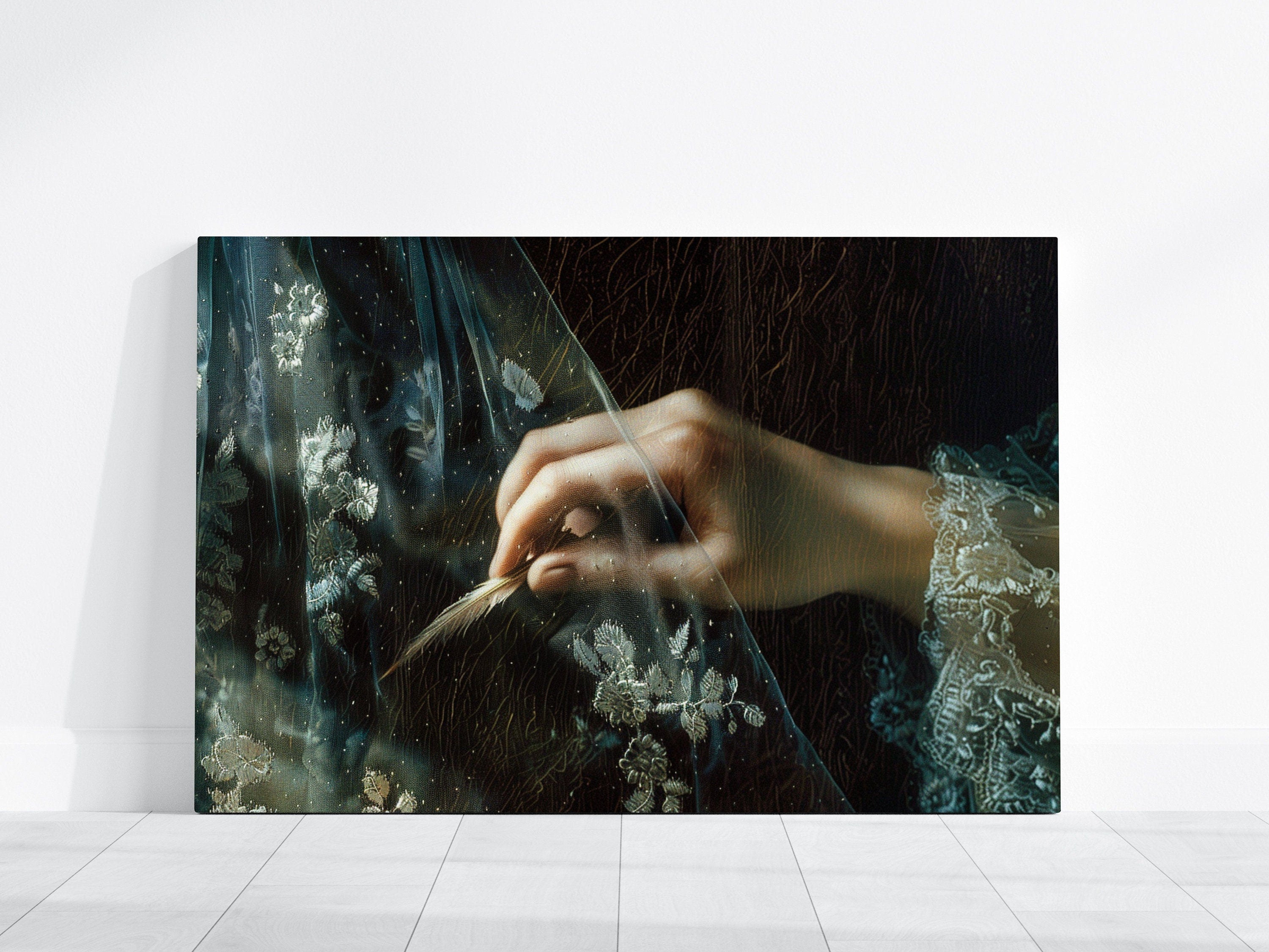 Whispering Grace Woman's Hand Holding Delicate Feather Behind Sheer Veil Interactive Wall Art